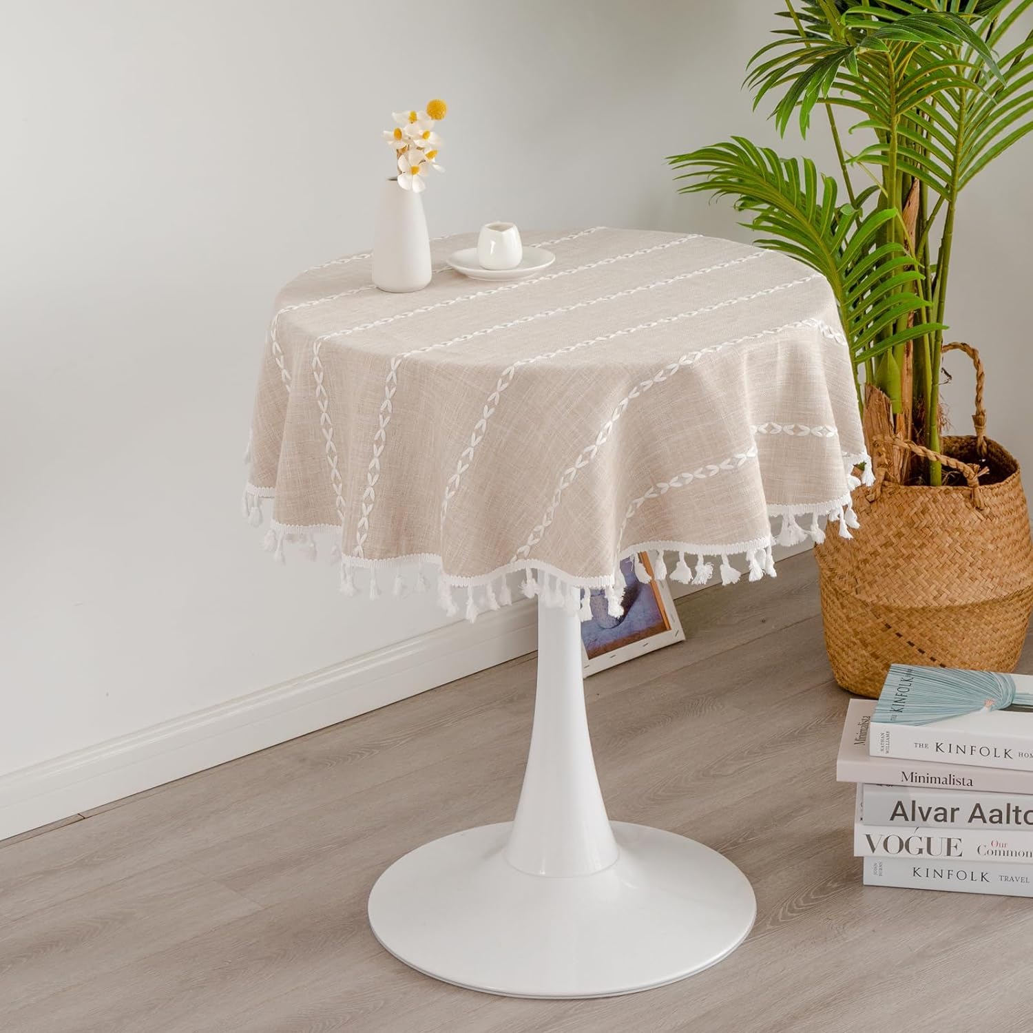Round Rustic Small Tablecloth Washable Striped Linen Table Cloth Heavy Weight Farmhouse Style Tassel Table Cover for Kitchen Dining Party Coffee Table Decoration 36 Inch Light Coffee