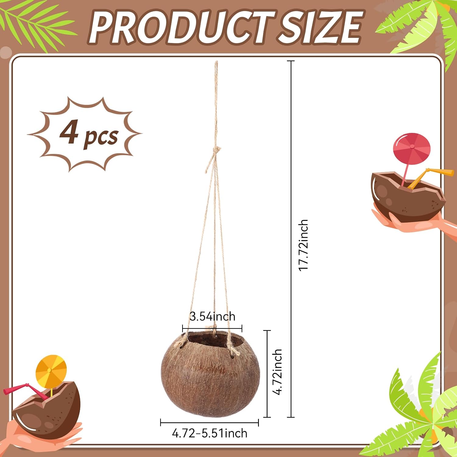 LemonRoad 4 Pcs Coconut Shell Hanging Planter Basket Natural Indoor Outdoor Coconut Bowls Flower Pots for Growing Succulents, Flowers, and Small Plants, Suitable for Indoor and Outdoor Gardens image 2