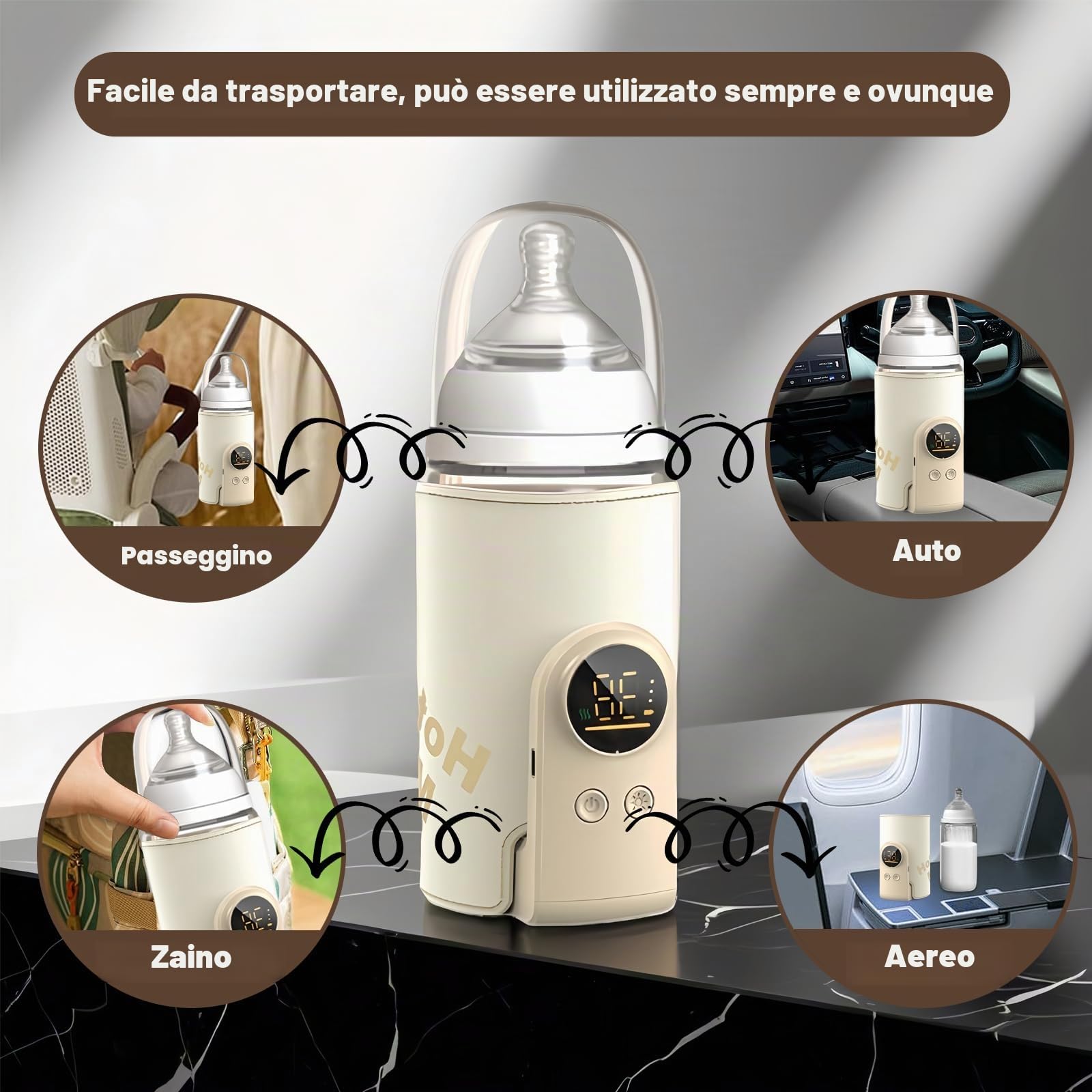 scaldabiberon per bambini, portatile, in viaggio con display LCD, ricarica USB, 6 temperature regolabili 38-50 ℃, scaldabagno per bambini in viaggio e in casa (beige)