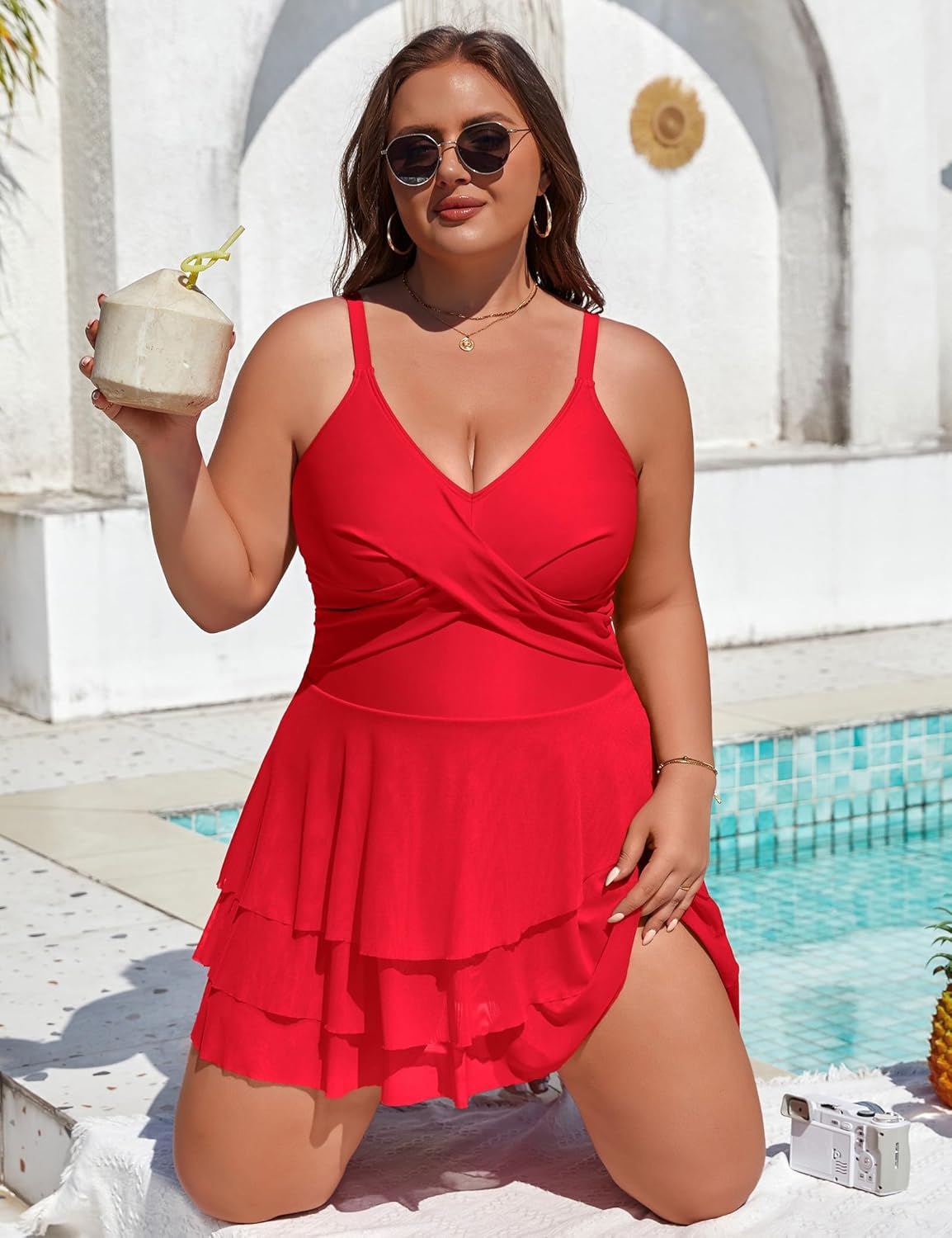 Charmo Women Plus Size Swim Dress Swimsuit Mesh Ruffle One Piece Tummy Control Bathing Suit Front Cross Swim Suits 2026