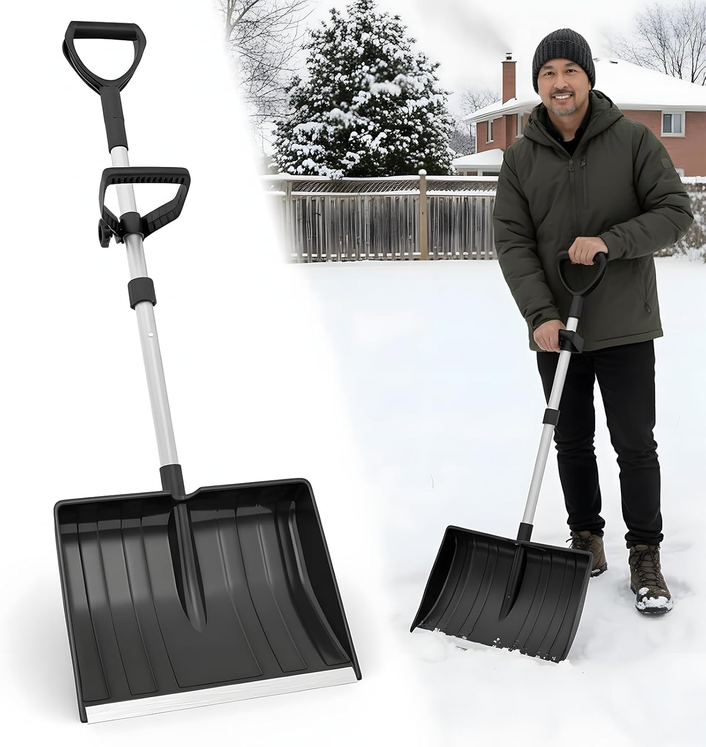 Snow Shovel for Driveway Winter Snow Removal with Assist Handle and Wide Shovel Ergonomic Plastic Double Handle Reduce Hand and Bock Fatigue Lightweight for Driveway Car Home Sidewalk Garden Outdoor