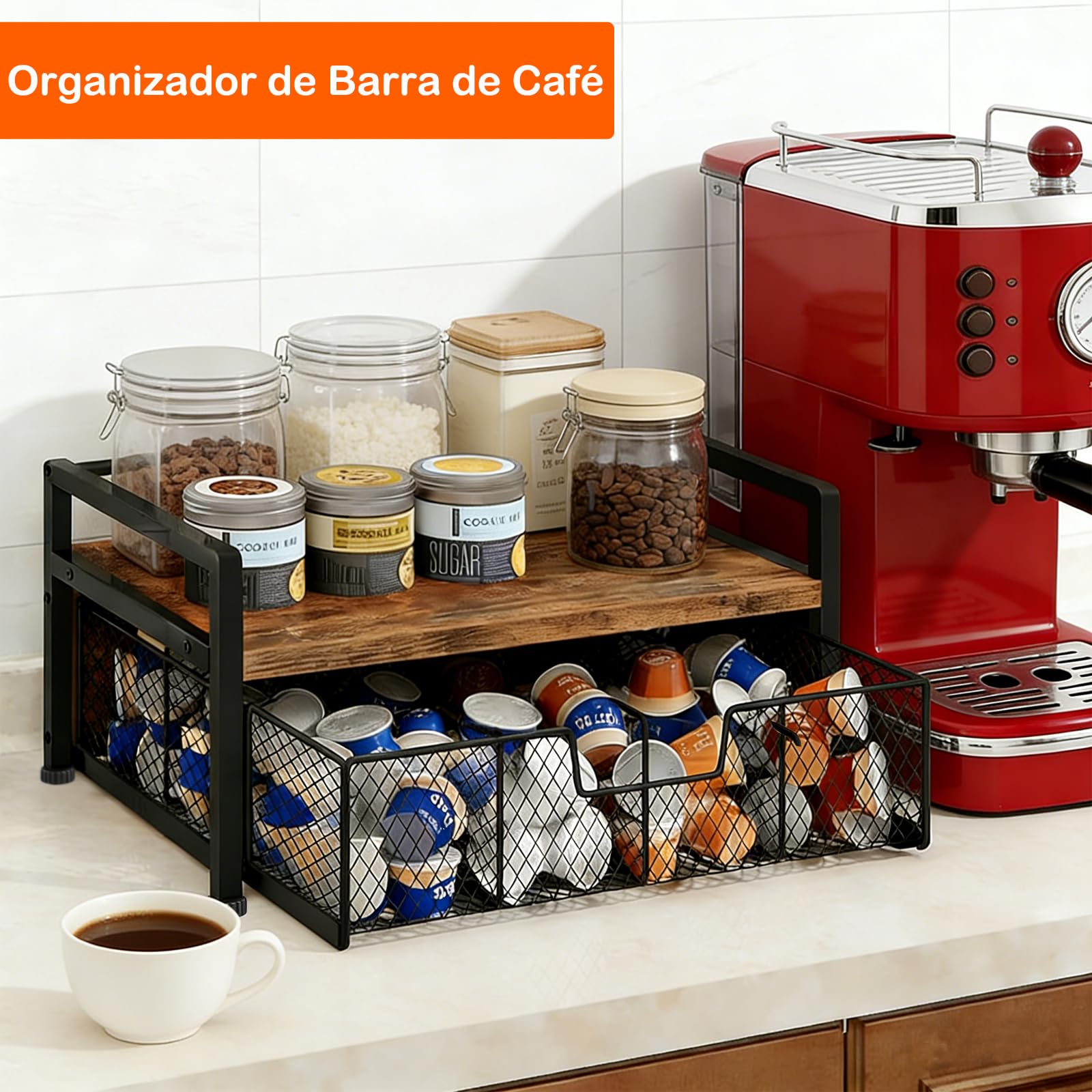 Caja de Té Infusiones con 8 Compartimentos, Organizador de Té de Madera y Metal con Cajón, Caja de Almacenamiento Elegante para Té, Café, Especias, Encimera de Cocina, Porta Accesorios de Té