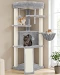 Gitelsnour Corner Cat Tree for Indoor Cats, Cat Tower with All Sisal Scratching Posts, Multi-Level Cat Condo wth Cat Cave, Large Top Perch, Hanging Basket, Sisal Ramp, Light Gray GCT025W