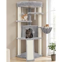 Corner Cat Tree Tower with All Sisal Scratching Posts GCT025W | 44.1" Cat Furniture with Multi-level Cat Condo, Cat Cave, Hanging Basket, Sisal Scratching Ramp for Indoor Cats, Light Gray