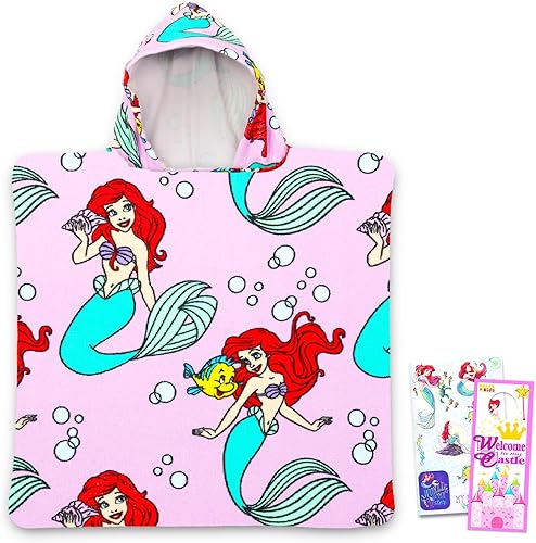 Disney Juego de toallas con capucha de La Sirenita para niños y niñas, paquete de poncho de toalla de baño de La Sirenita con calcomanías y más |