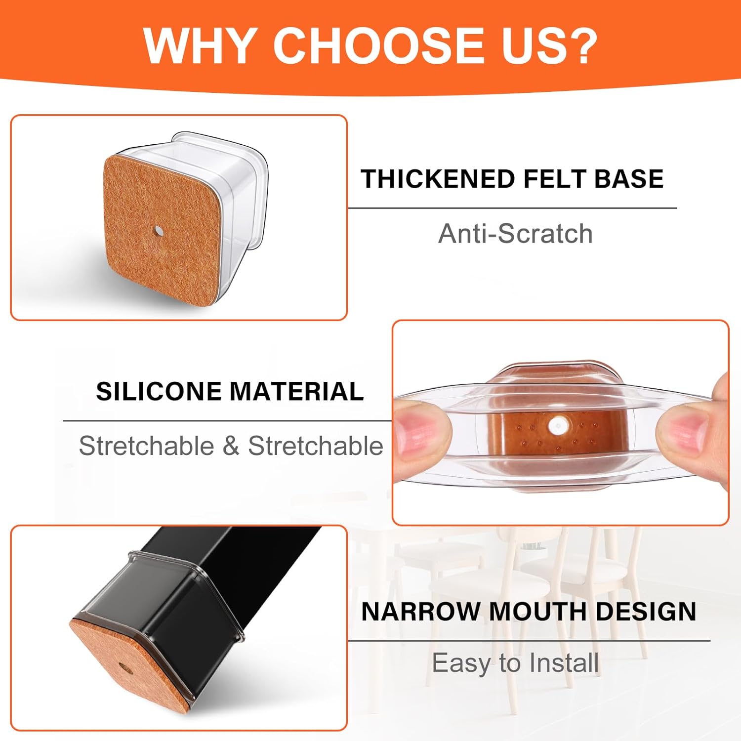 Ansible 24 pcs Square Large Chair Leg Floor Protectors, Furniture Felt Pads Silicone Covers caps for Chairs,Chair Leg Protectors for Hardwood Floors (Large fit:1'' to 1-5/8'')