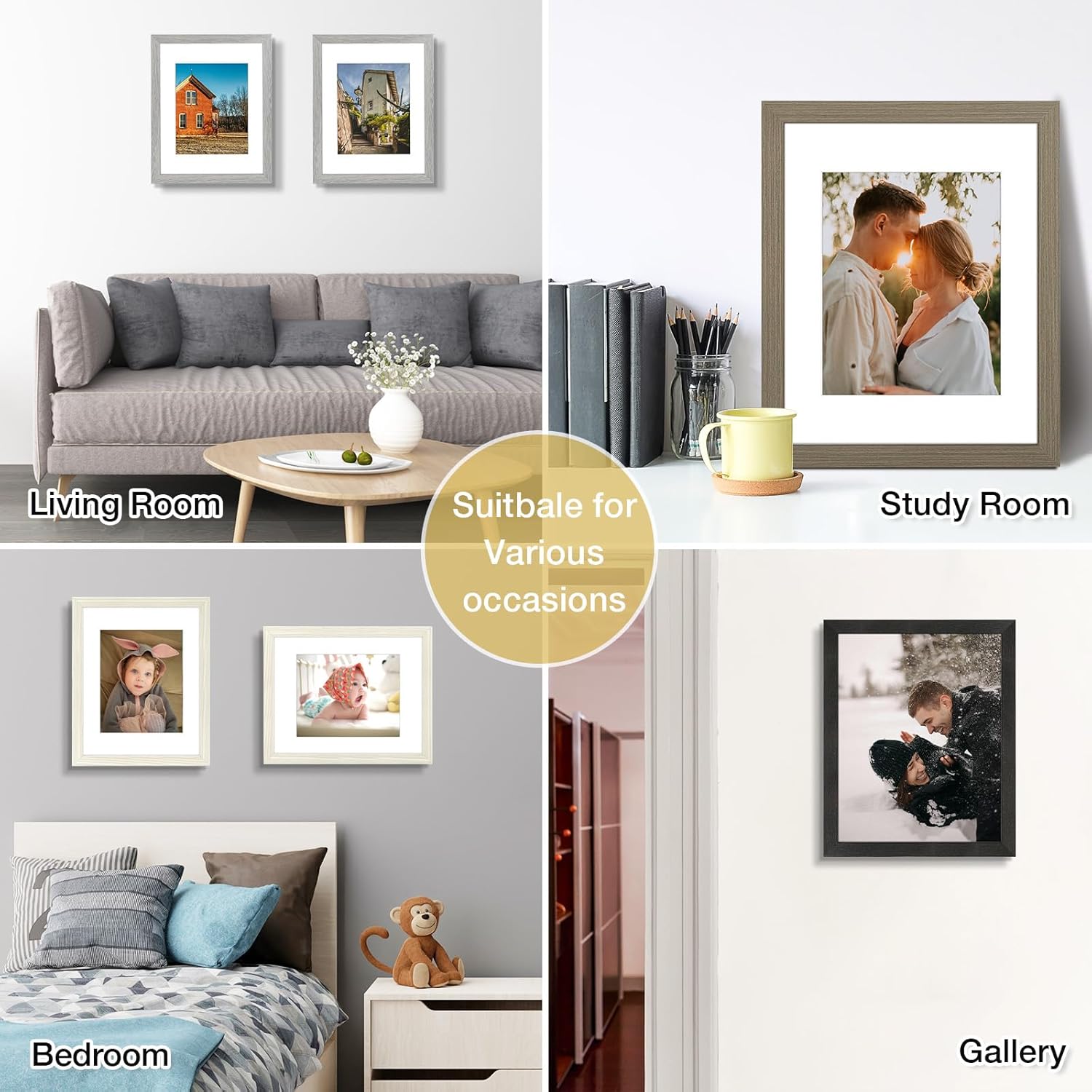 Golden State Art, 11x14 Picture Frame Set of 4 Farmhouse Wood Pattern Photo Frames, Display 8x10 Photo with Mat or 11x14 without Mat, Horizontal and Vertical formats for Wall Mounting, Multicolour