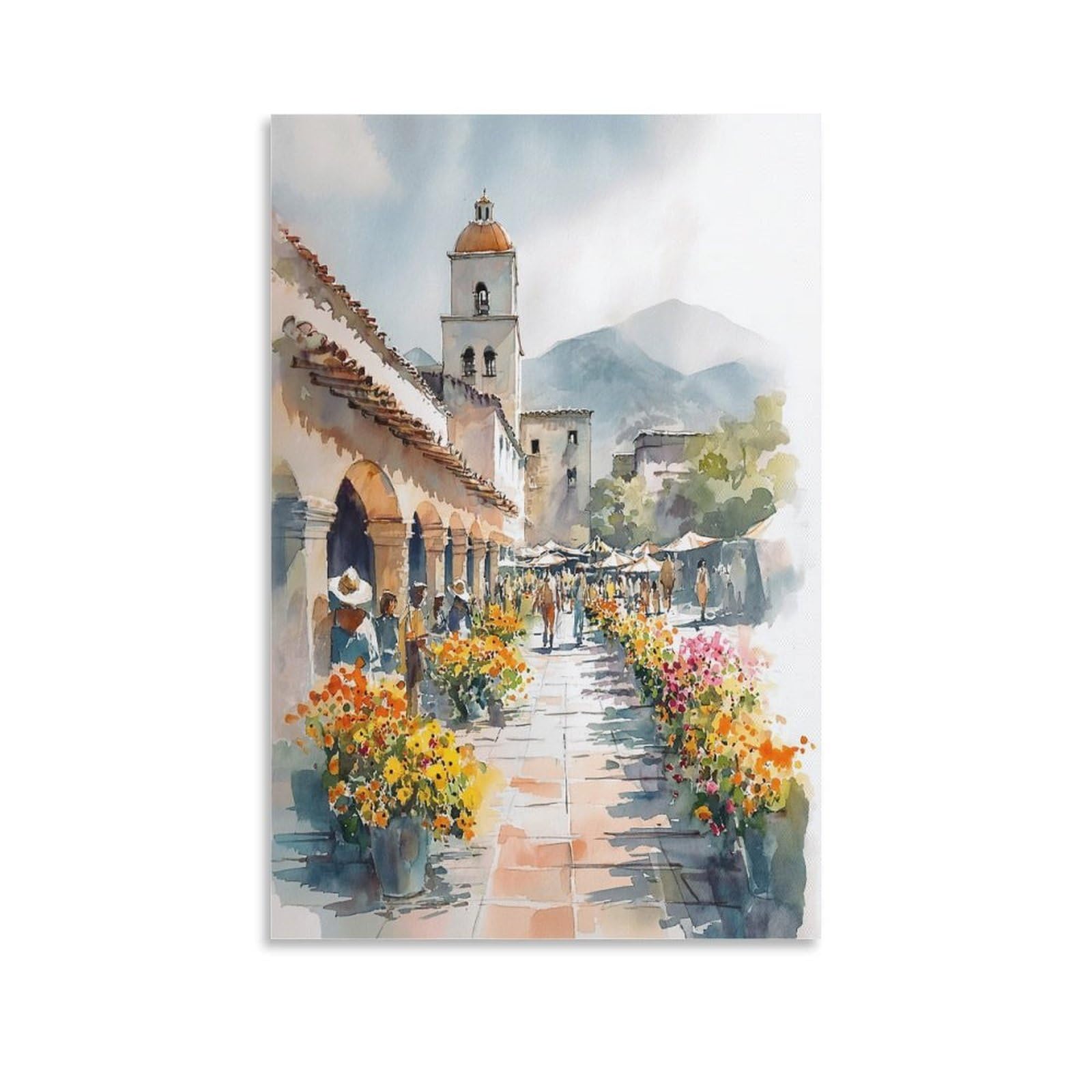 XWYMXZ Puerto Rico Flower Market 24x36inch(60x90cm) Vintage Travel Poster Watercolor Canvas Art