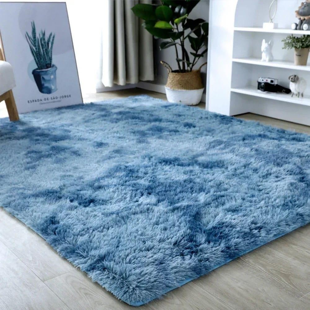 Chambre à coucher : grand tapis de salon doux 200x250 cm en velours bleu dégradé