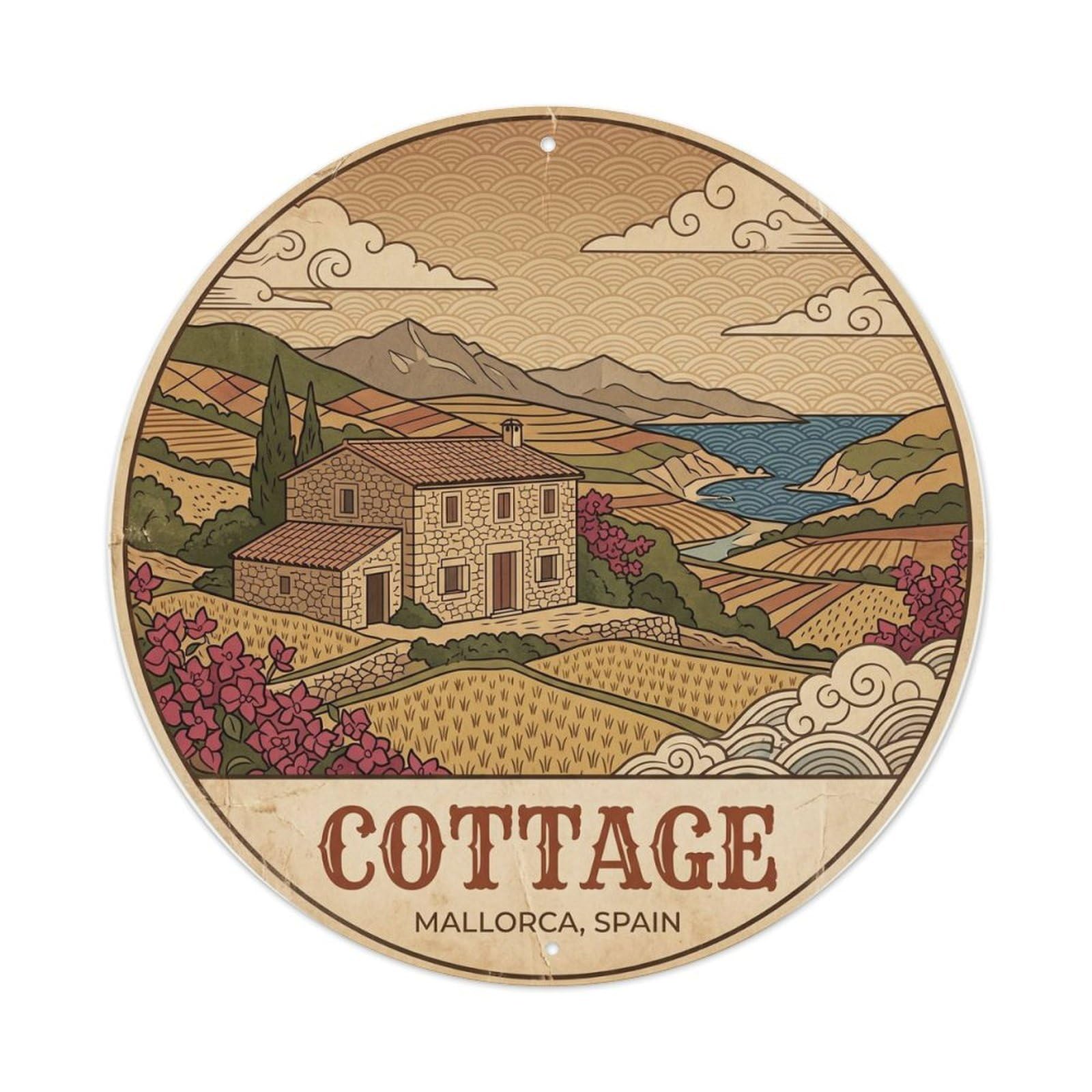 Olhnbad Style Stone Cottage Mallorca Mediterranean Countryside Metal Tin Sign