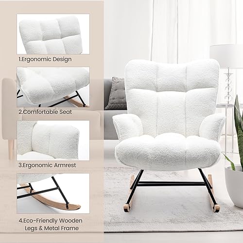Miniatura 4 de SAETSFEG Mecedora tapizada con respaldo alto, cómodo y elegante sillón con asiento acolchado para salas de estar, dormitorios, oficinas, color perla