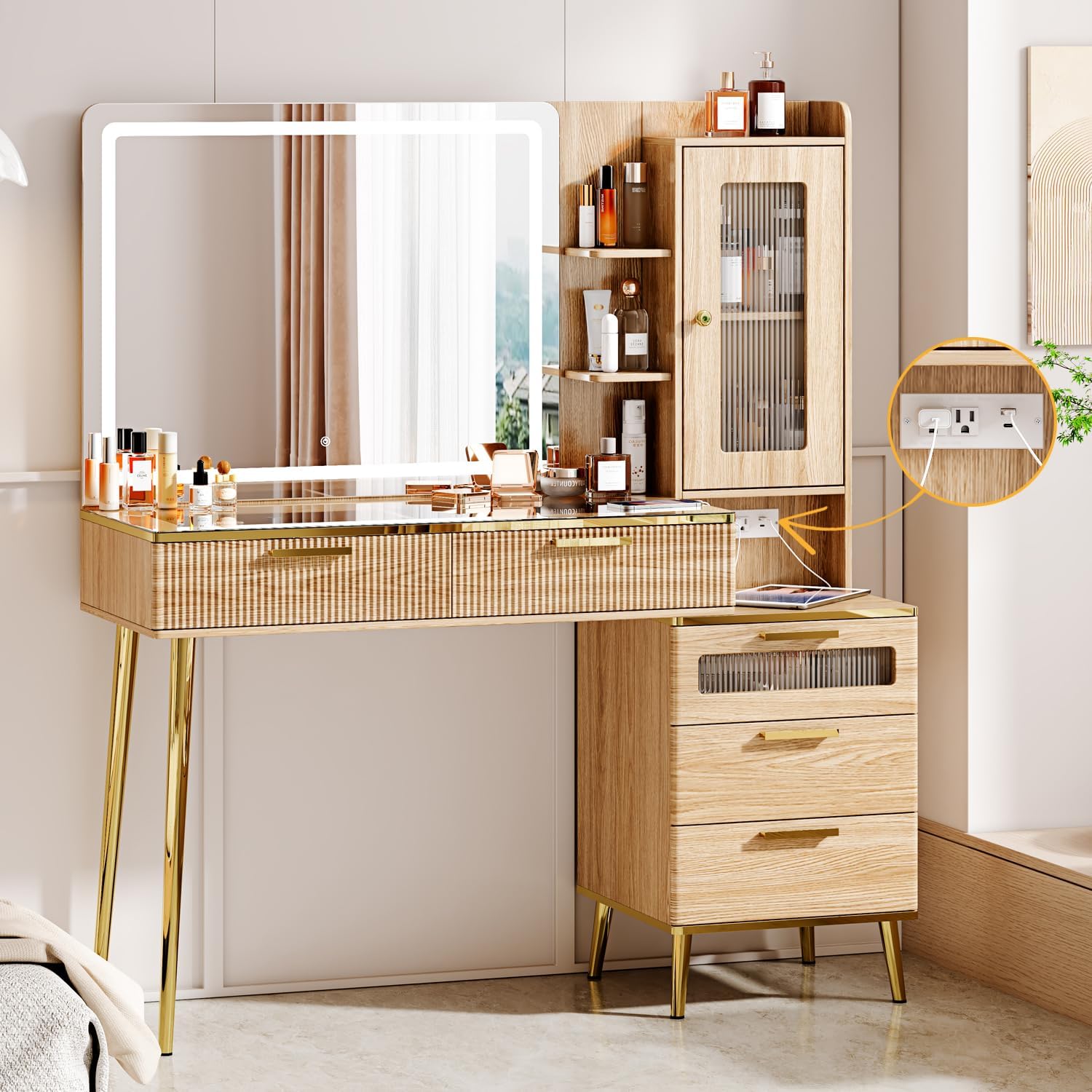 47.24" Big Modern Vanity Desk with Mirror and Lights, Vanity Desk with 29.53" HD Lighted Mirror, Makeup Vanity with 5 Drawers and Storage Shelves and Charging Station, Oak