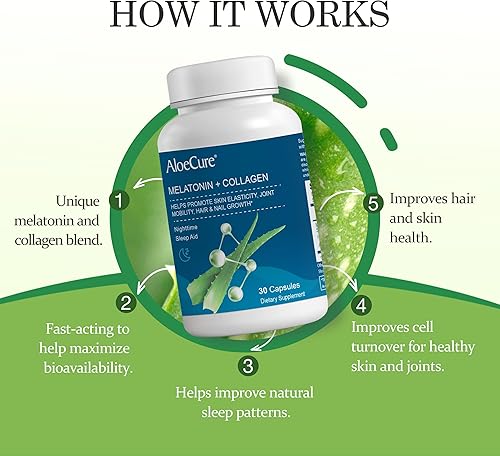Miniatura 3 de AloeCure Melatonina natural + colágeno con aloe vera orgánico  Suplemento natural para dormir para noches reparadoras  Complejo de colágeno para