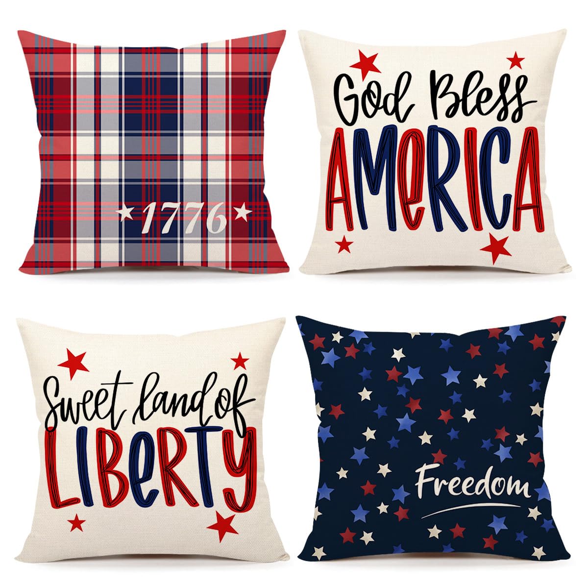4th of July Throw Pillow Covers 18 x 18 Inch Set of 4, God Bless America Summer Farmhouse Holiday Independence Memorial Day Cushion Case for Home Sofa Couch Decoration TH195