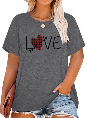 HDLTE Plus Size Valentines Shirt Plaid Love Letter Graphic Tops Tees Short Sleev