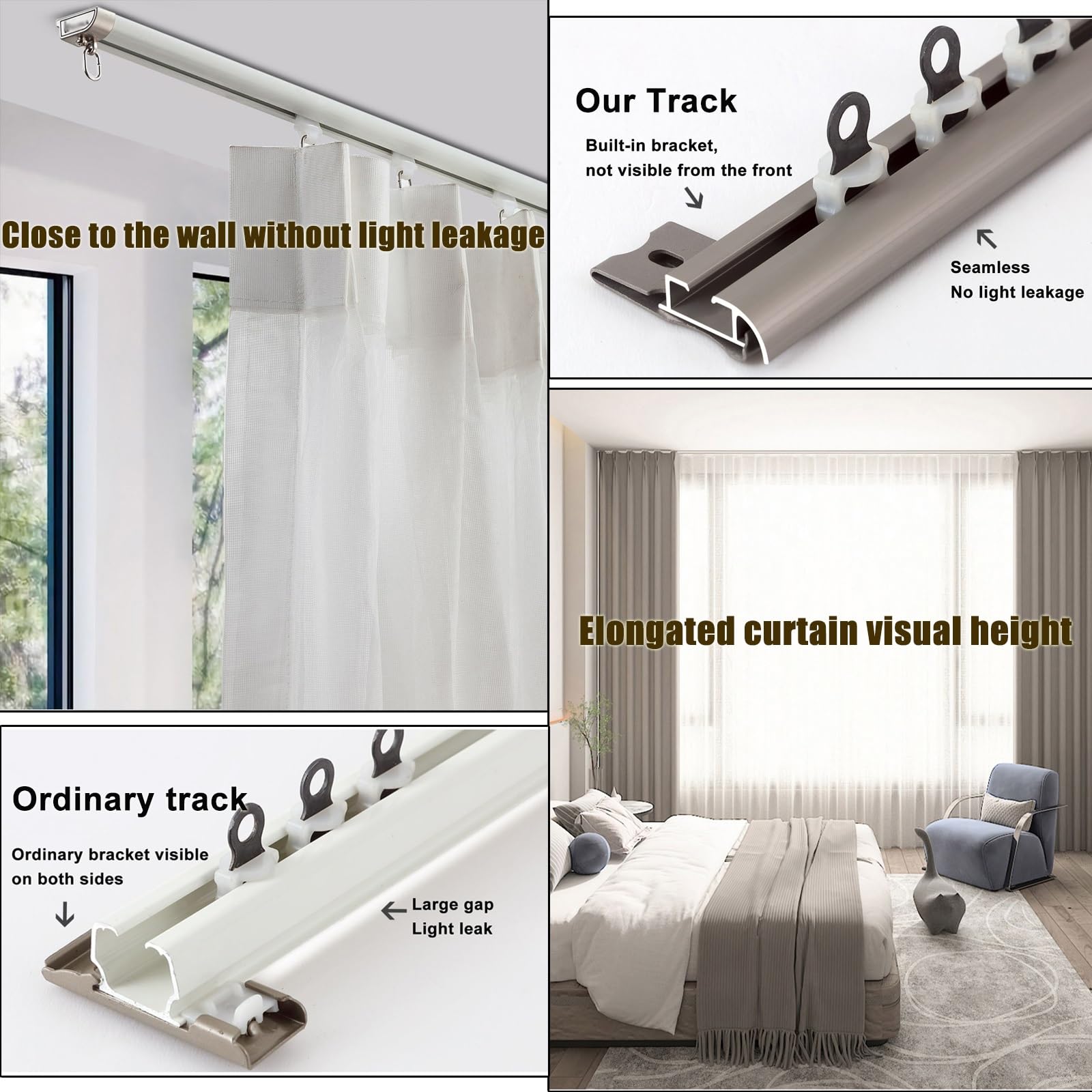 Rail de Plafond Ultra-mince, Rail de Rideau de Plafond ou de Mur Tringle à Rideaux en Aluminium pour Séparateur de Pièce, 1m-6m(B-Ceiling Mount,4.8m(4 * 1.2m))