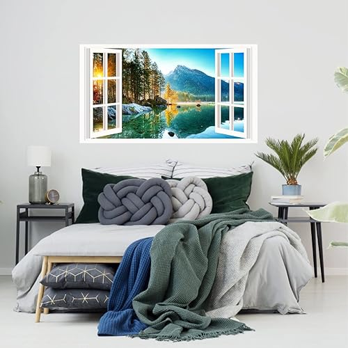 Miniatura 4 de Calcomanías 3D de pared de lago de montaña, calcomanía de ventana de lago bosque, impermeable, extraíble, PVC, para decoración de sala de estar y