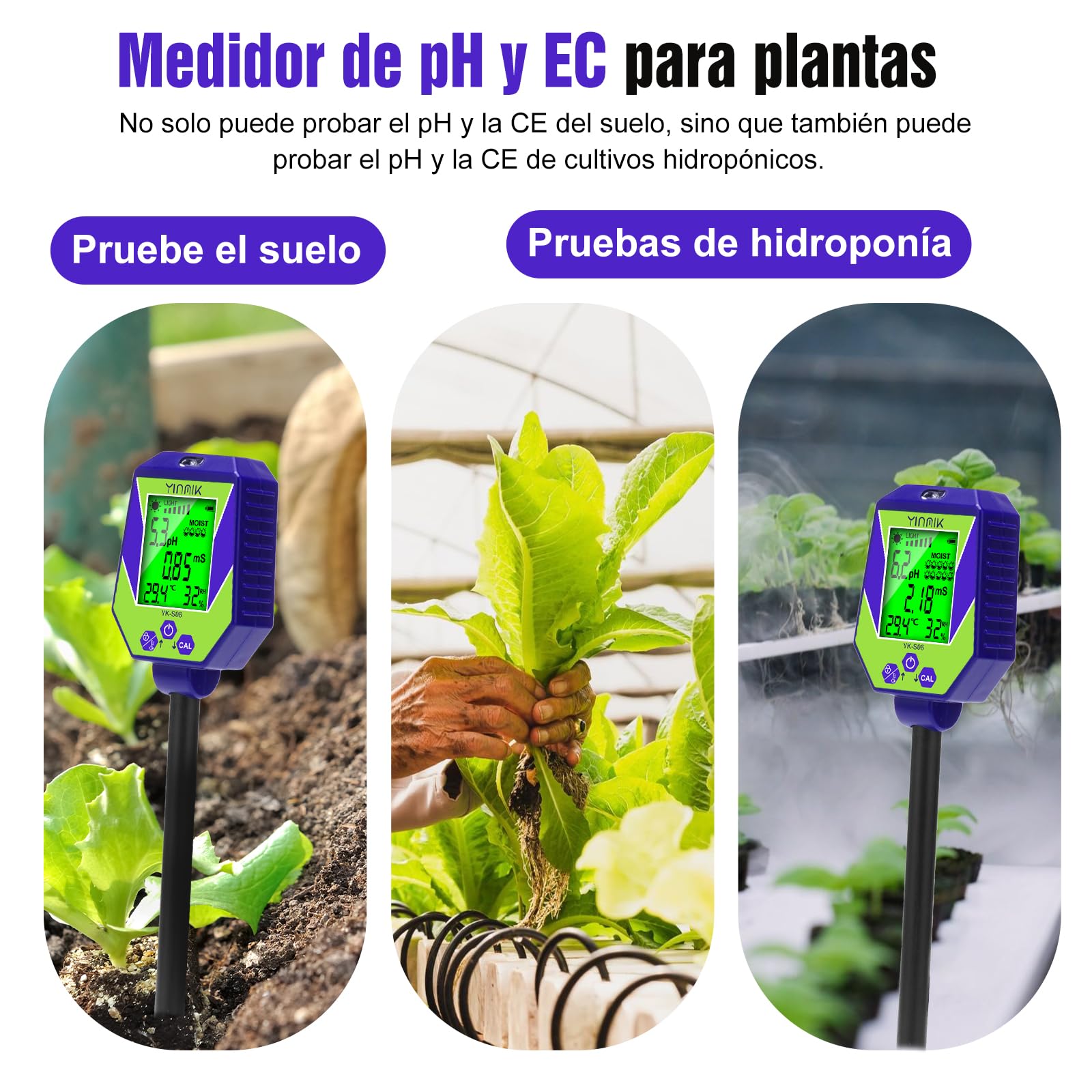 YINMIK Medidor de pH del suelo 6 en 1, medidor inteligente de humedad, conductividad y salinidad, y analizador de calidad del agua. Kit de prueba de pH del suelo ideal para jardines, granjas y bonsáis