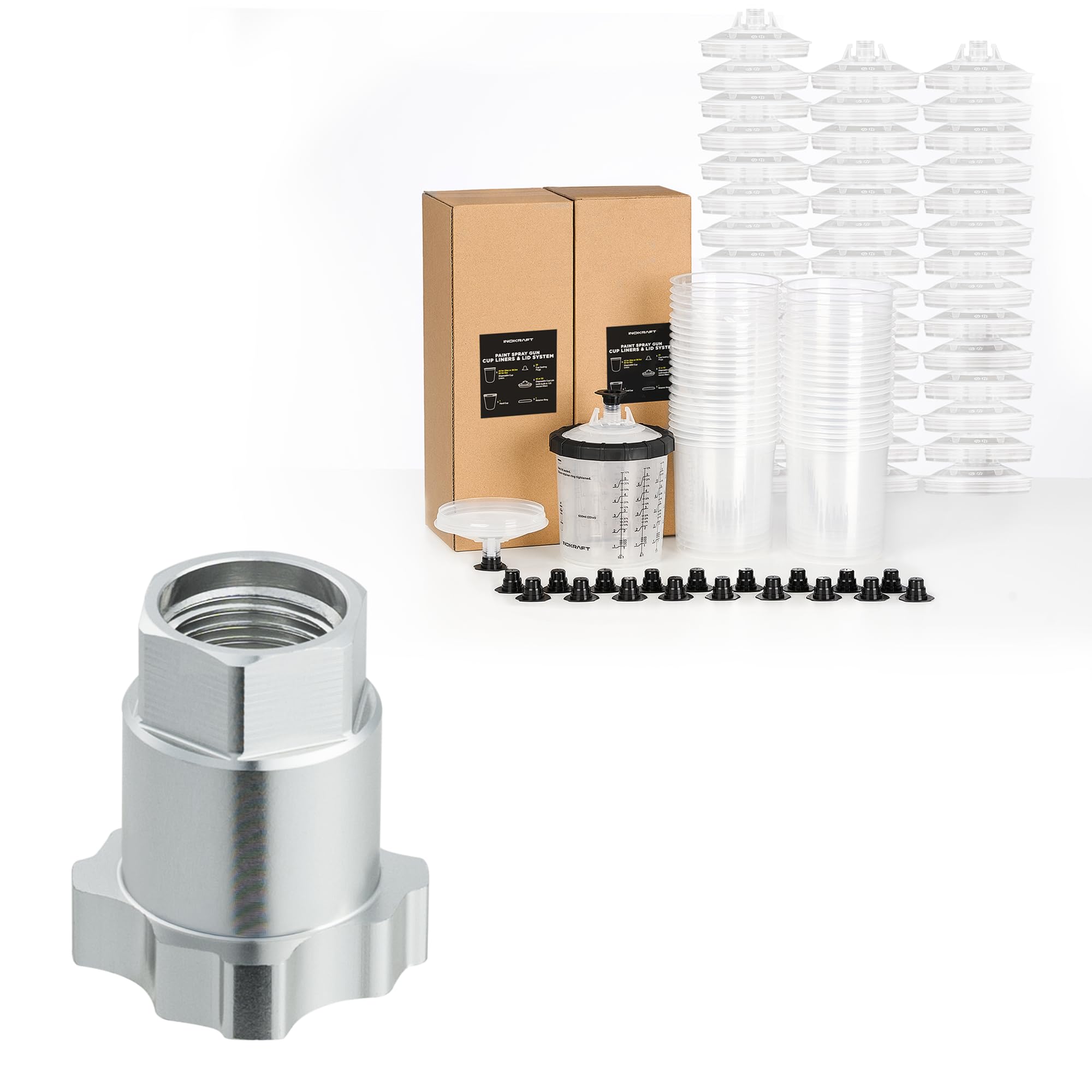 InoKraft Disposable Paint Sprayer Gun Cup, Standard 22 Ounce (650ml) Kit + Spray Gun Adapter 16 mm Female, 1.5 mm Thread, Compatible with InoKraft D1 LVLP, Harbor Freight Air Spray Gun, AEROPRO R500,