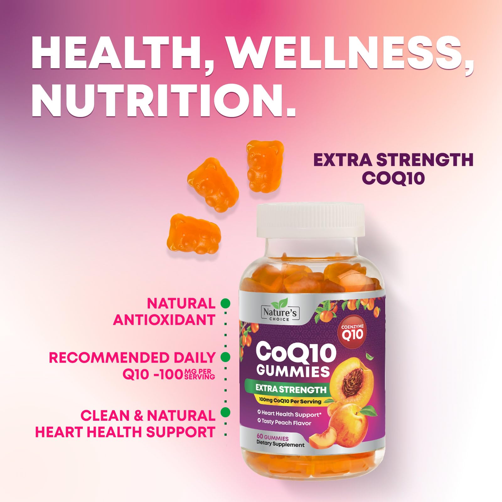 CoQ10 Gummies 100mg - 3X Strength Co Q10 Gummies - High Absorption Coenzyme Q10 Heart Health & Cellular Energy Support - Co Q 10 Gummy Antioxidant Supplement - Vegan - Tasty Peach Flavor - 60 Gummies — Amazon image 5