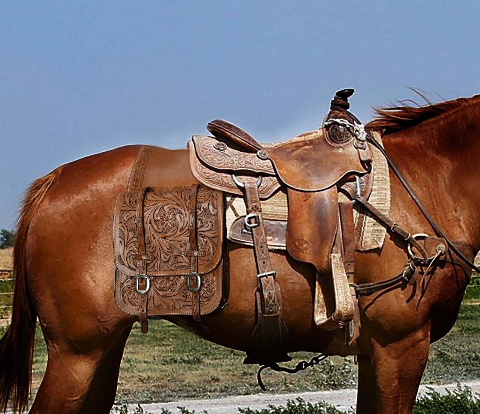 Borsa da sella western in pelle per cavalli | Equitazione e corse di barili | Borsa da sella con tracolla regolabile DIMENSIONI: 10" L x 10" W x 3½" A12