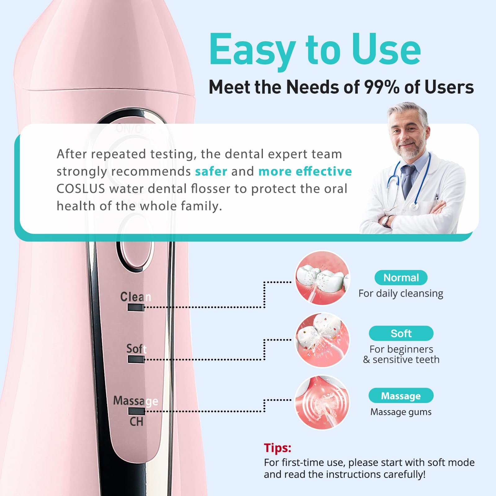 COSLUS C20 Water Dental Flosser Teeth Pick: 2026 Upgraded Portable Cordless Waterproof Flossing 300ML Rechargeable Travel Irrigation Cleaner IPX7 Pink - Image 3