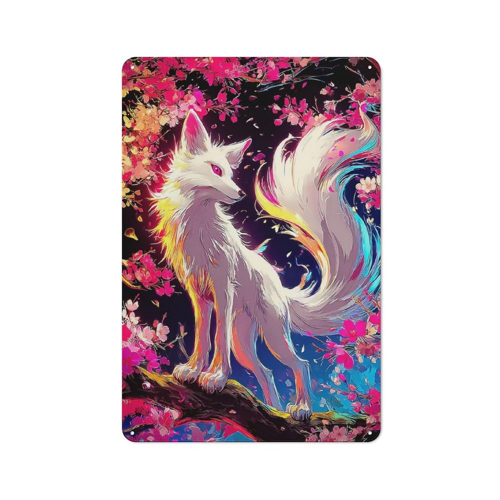 Junmoney Fox Amidst Cherry Blossoms Vintage Tin Wall Plaque 30X20cm For Kitchen Or Home Bar, For Vintage Wall Decor Fans, For Themed Room Decoration