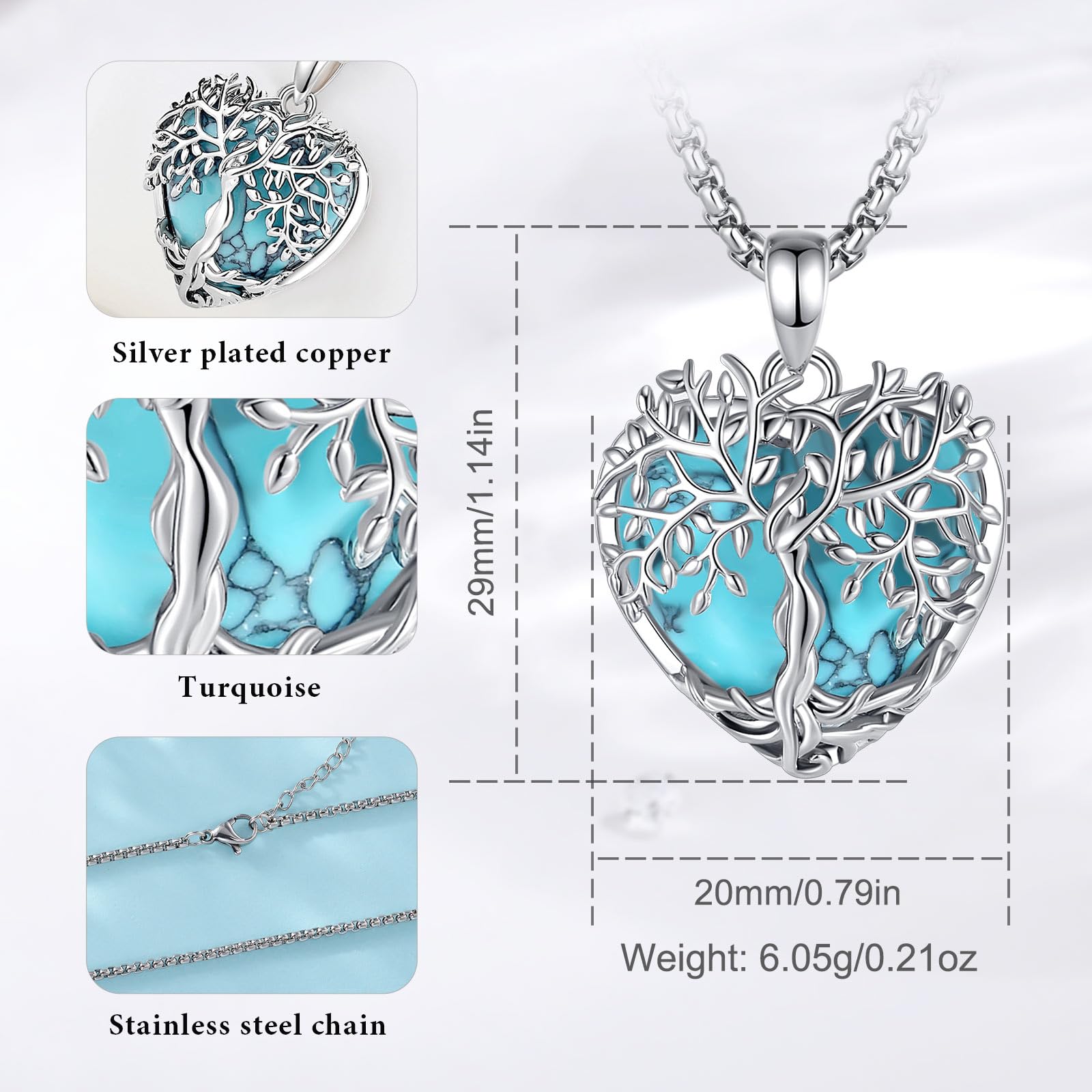 AEONSLOVE Collar Arbol de la Vida para Mujer, Colgante Árbol de la Vida con Piedra Luna Turquesa Collar Amatista Malaquita Obsidiana Piedras Protectoras de Cristal Regalo del Día de la Madre