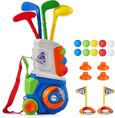 PJG Juego de golf para niños pequeños, palos de golf de plástico para niños de 1, 2, 3, 4, 5 años con 4 palos de golf y 10 pelotas, juguetes de golf