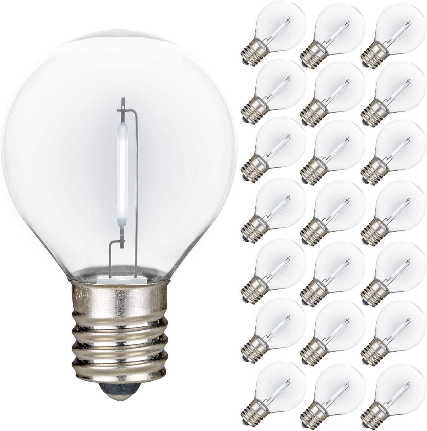 Novelty Lights 25 Pack Pure White G30 LED Filament String Light Bulbs, E12/C7 Candelabra Base, 5 Watt Equivalent, Shatterproof Replacement Bulbs for Patios, Canopy Lighting