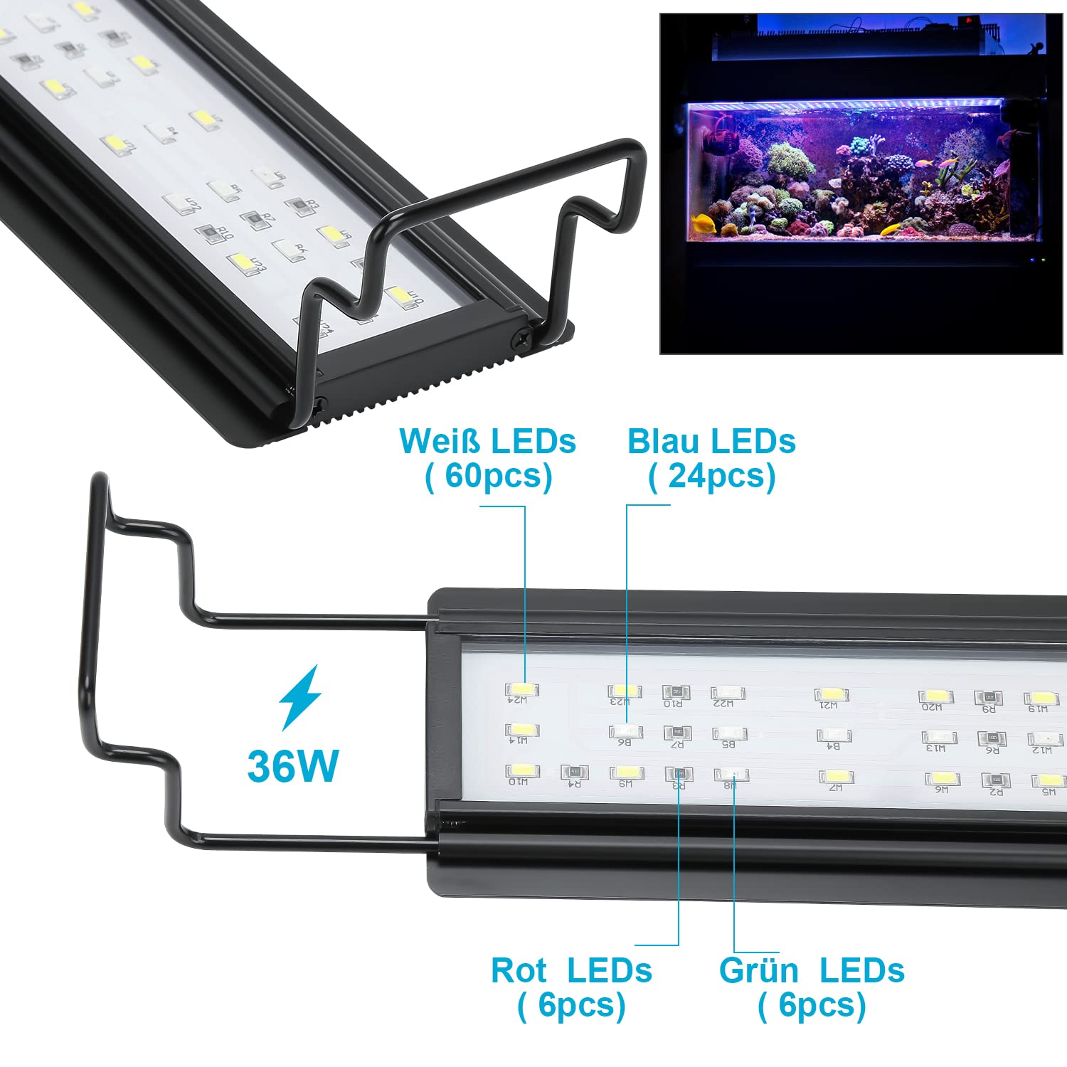 Sonnewelt 36W oświetlenie LED akwariowe, lampa akwariowa widma RGB do 87-110cm roślin wodnych i akwariów słodkowodnych, ściemniana