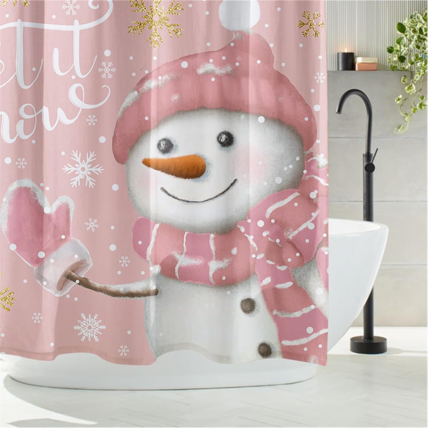Christmas Fabric Shower Curtain, Hot Pink Cartoon Snowman Snowflake Waterproof Shower Curtain Set with 12 Hooks Let It Snow Bathroom Curtains for Farmhouse Dorm Home Hotel Holiday Decor, 36"W x 72"L