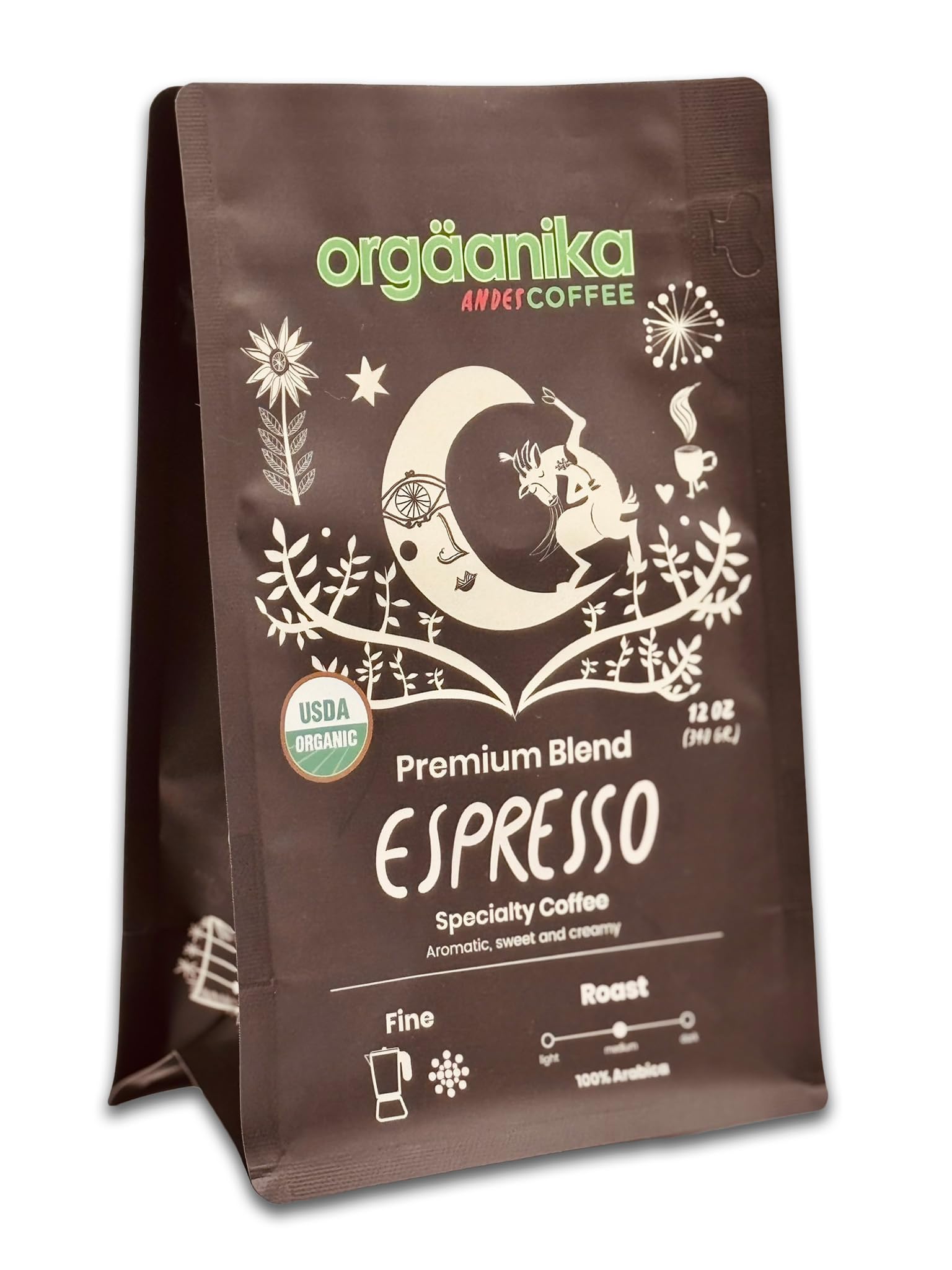New Orgaanika Andes Espresso Blend 12 oz| Gourmet Fine Ground | Medium Roast | Specialty Organic Best for Moka Pot & Espresso Brewing, well balanced, bulletproof flavor, aroma and body. (bag 12 oz) | Loyalty Reward Inside the Bag (see product details)
