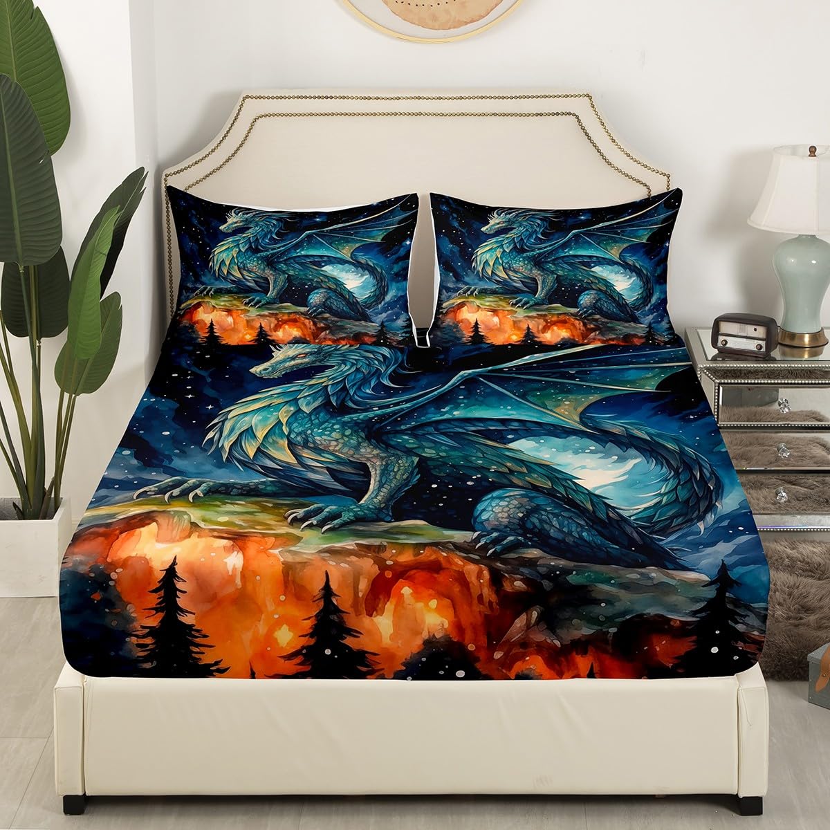 Homemissing Dragon Bedding Set Safari Animal Bed Sheets for Kids Boys Girls Flying Dragon Fitted Sheet Magical Dinosaur Sheets Set Bedroom Collection 3Pcs King Size,No Flat Sheet