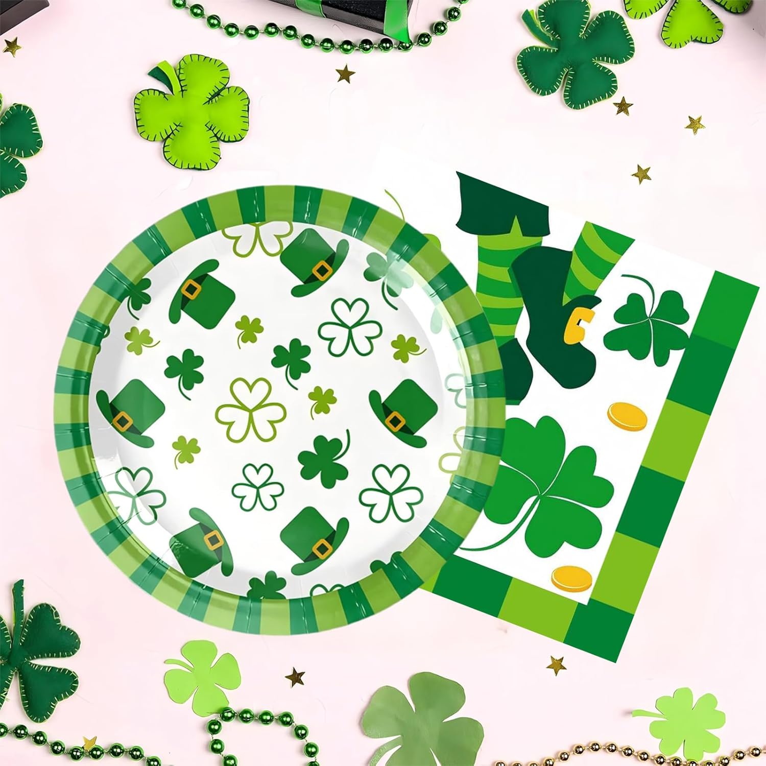 MMOONN Green Shamrock St Patricks Day Paper Plates and Napkins,Irish Themed Holiday Party Supplies Tableware Lucky Clover Dessert Plates and Napkins Set Service 20 - Image 5