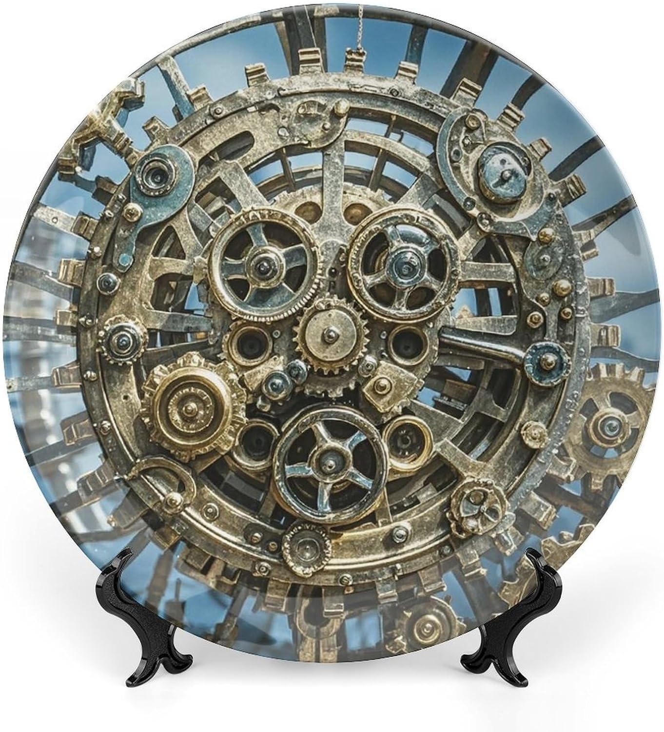 Cool Steampunk Gears Bone China Decorative Plate Exquisite Ornamental Wall Hanging Platter 6/7/8/10 Inch Vintage Art Ceramic Decor Dish for Home Tabletop Decor Housewarming Gift