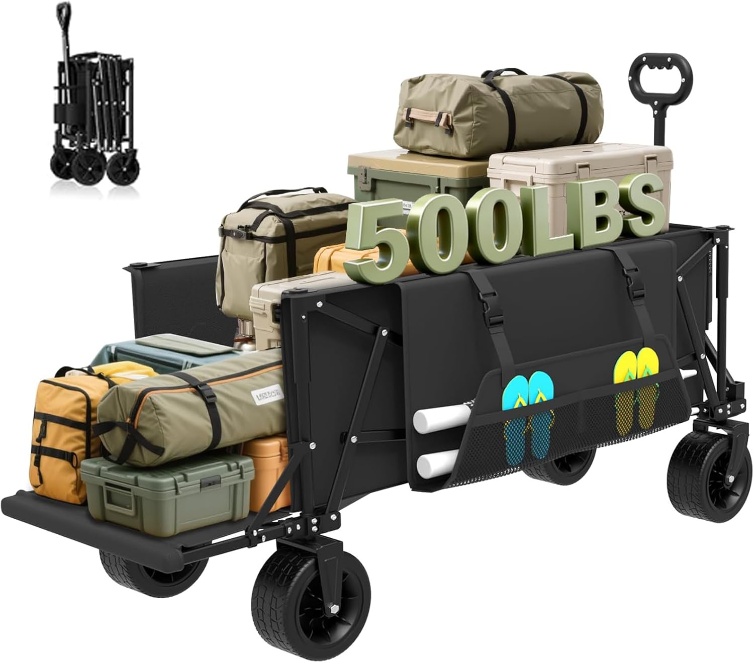 ZENPETIO 49" Collapsible Wagons Carts Foldable with Tailgate, 300L Heavy Duty Folding Wagon Cart with Big All-Terrain Beach Wheels, 500 LBS Capacity Portable Utility Wagon for Garden Outdoor Camping