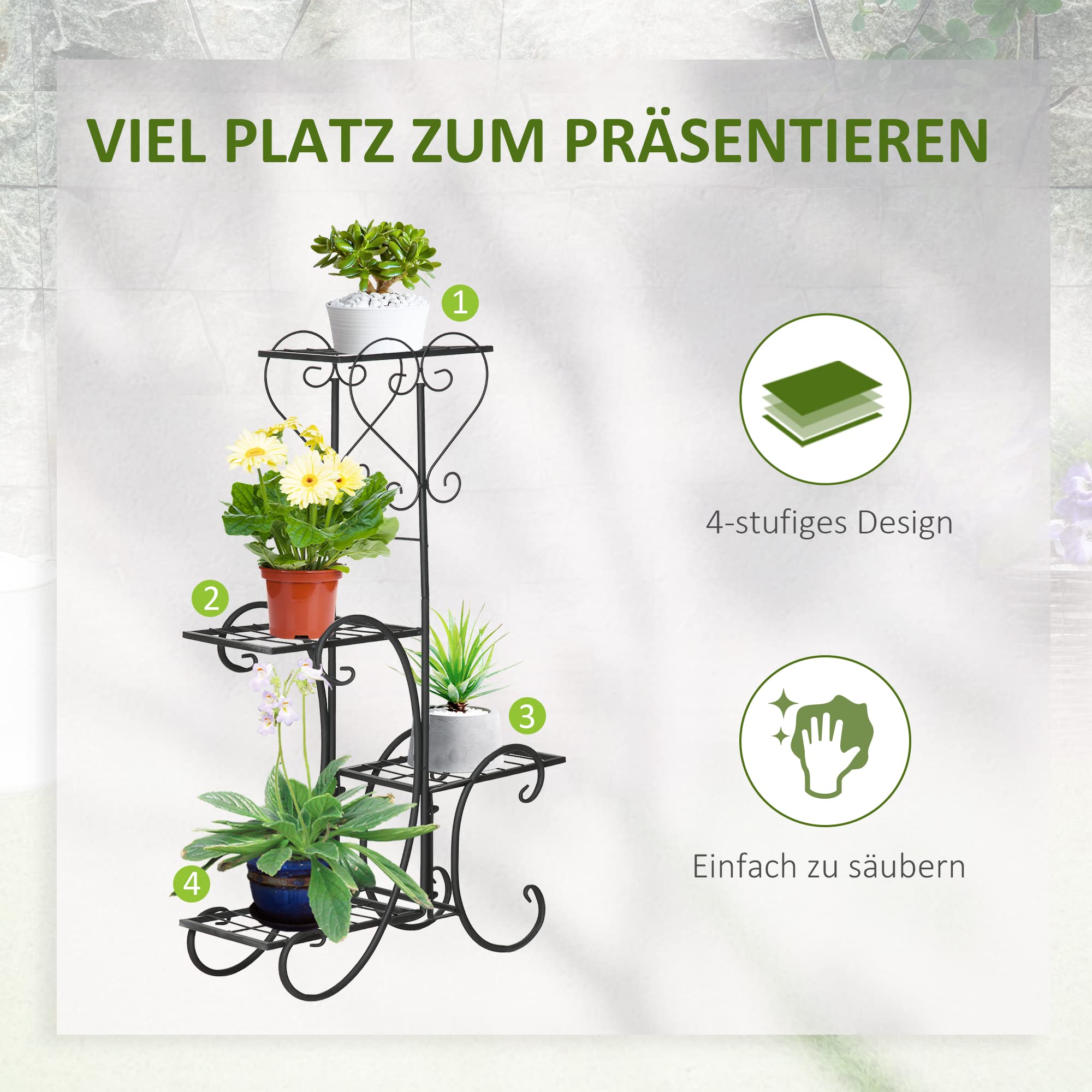 Outsunny Plantenstandaard, 3 etages, bloemenstandaard voor binnen en buiten, plantenrek van metaal, bloemenrek, 60 cm hoog, bloementrap voor woonkamer, tuin, balkon, decoratie, zwart Outsunny Plantenstandaard, 3 etages, bloemenstandaard voor binnen en buiten, plantenrek van metaal, bloemenrek, 60 cm hoog, bloementrap voor woonkamer, tuin, balkon, decoratie, zwart
