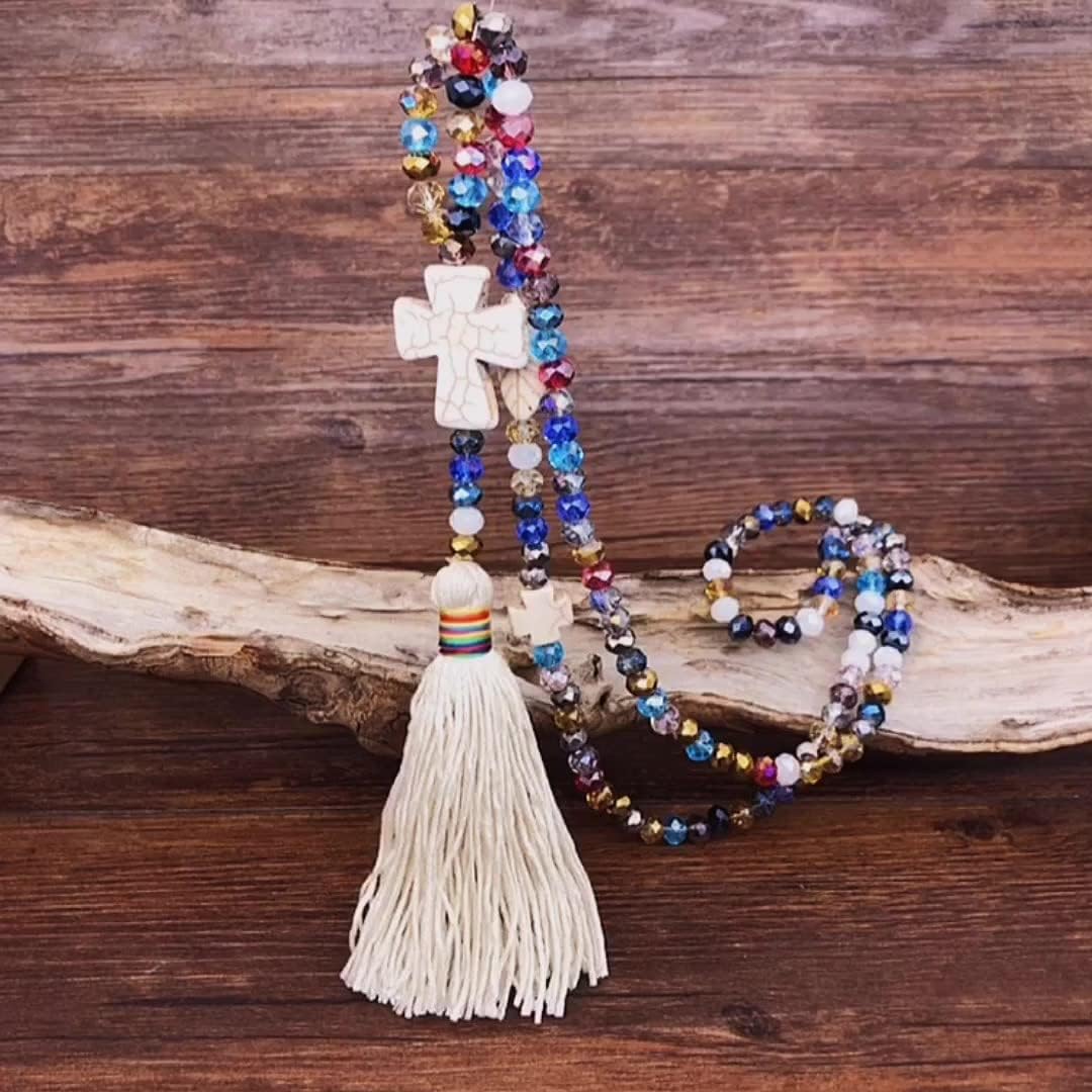 COLORFUL BLING Bohemian Natural Wooden Long Tassel Fringe Strand Necklace Handmade Ethnic Peace Heart Cross Pendant Beaded Necklace for Women Sweater Chain Jewelry