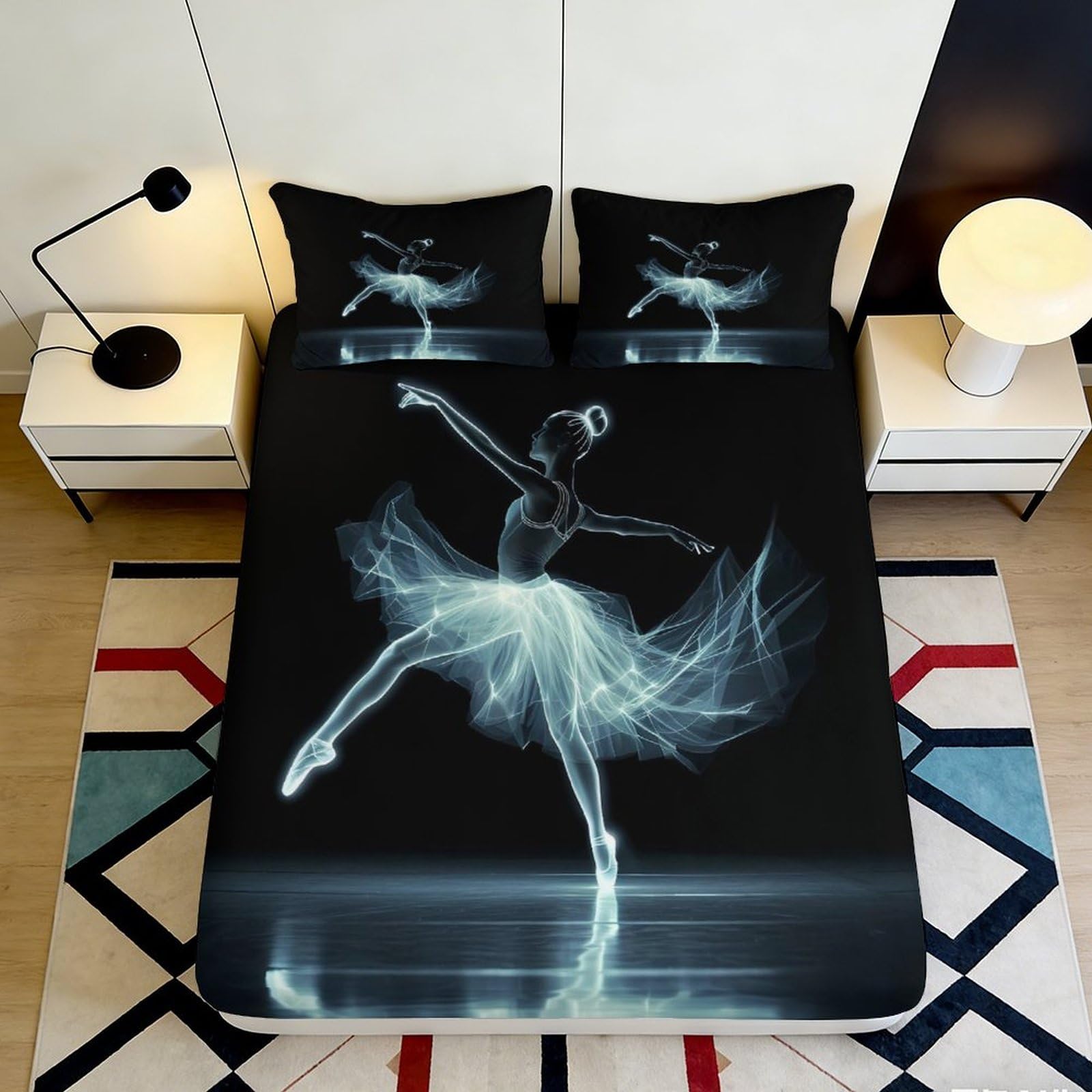 3D Printed Ballet Dancer Fitted Sheet Microfiber Soft Breathable Dance Silhouette Bed Cover for Bedroom Dormitory Guest Room Mattress Protection Decor 120x200x25cm