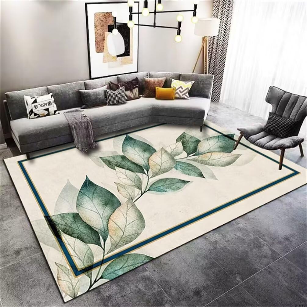 Tapis enfant facile à nettoyer vert motif feuilles grand format pour chambre ado