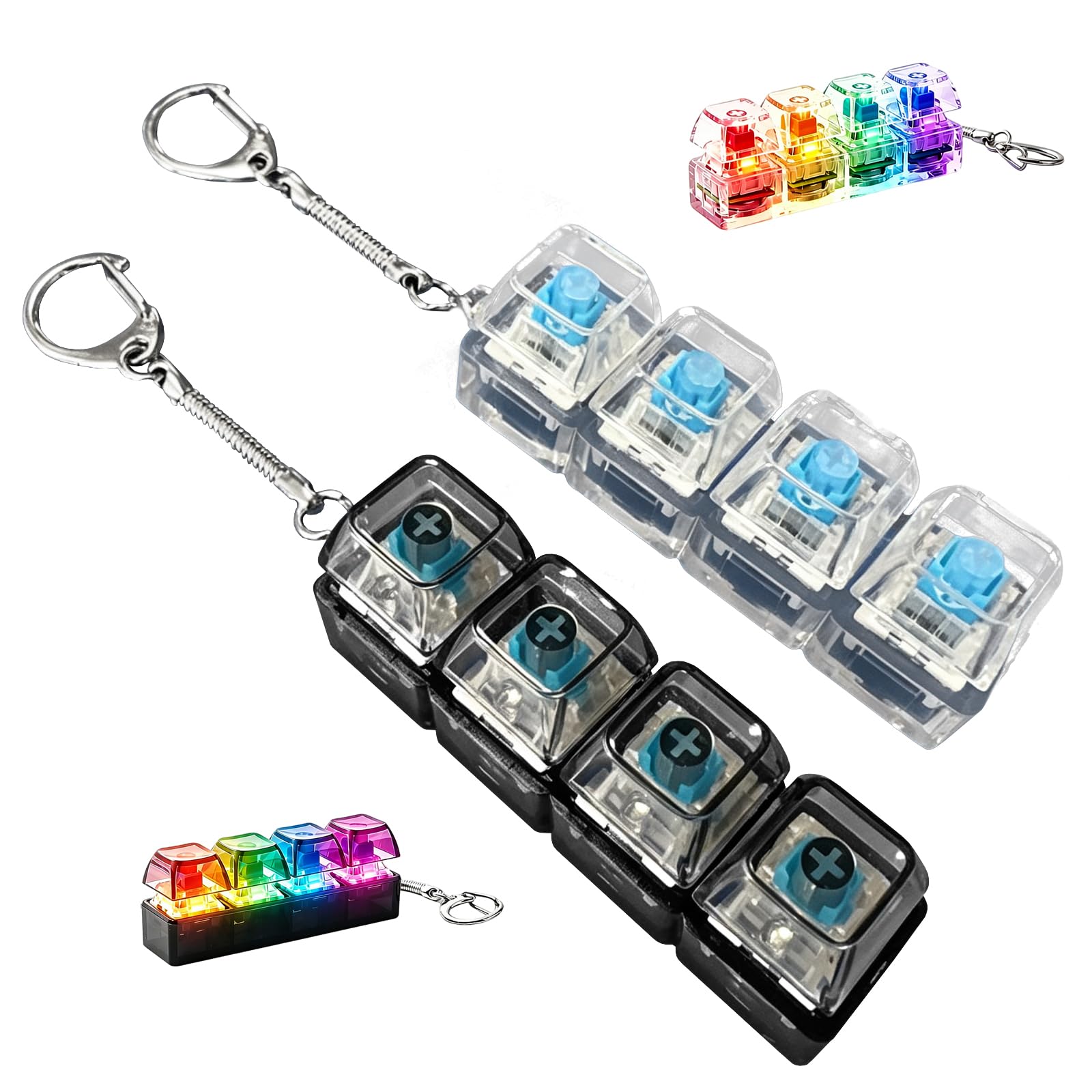 2PCS Keyboard Fidget Toy, Keyboard Clicky Toy Light Up, 4 Button Mini Finger Stress Relief Toys, Transparent White and Black Four-Key Design, Multi-functional Keychain, Decompression Gift