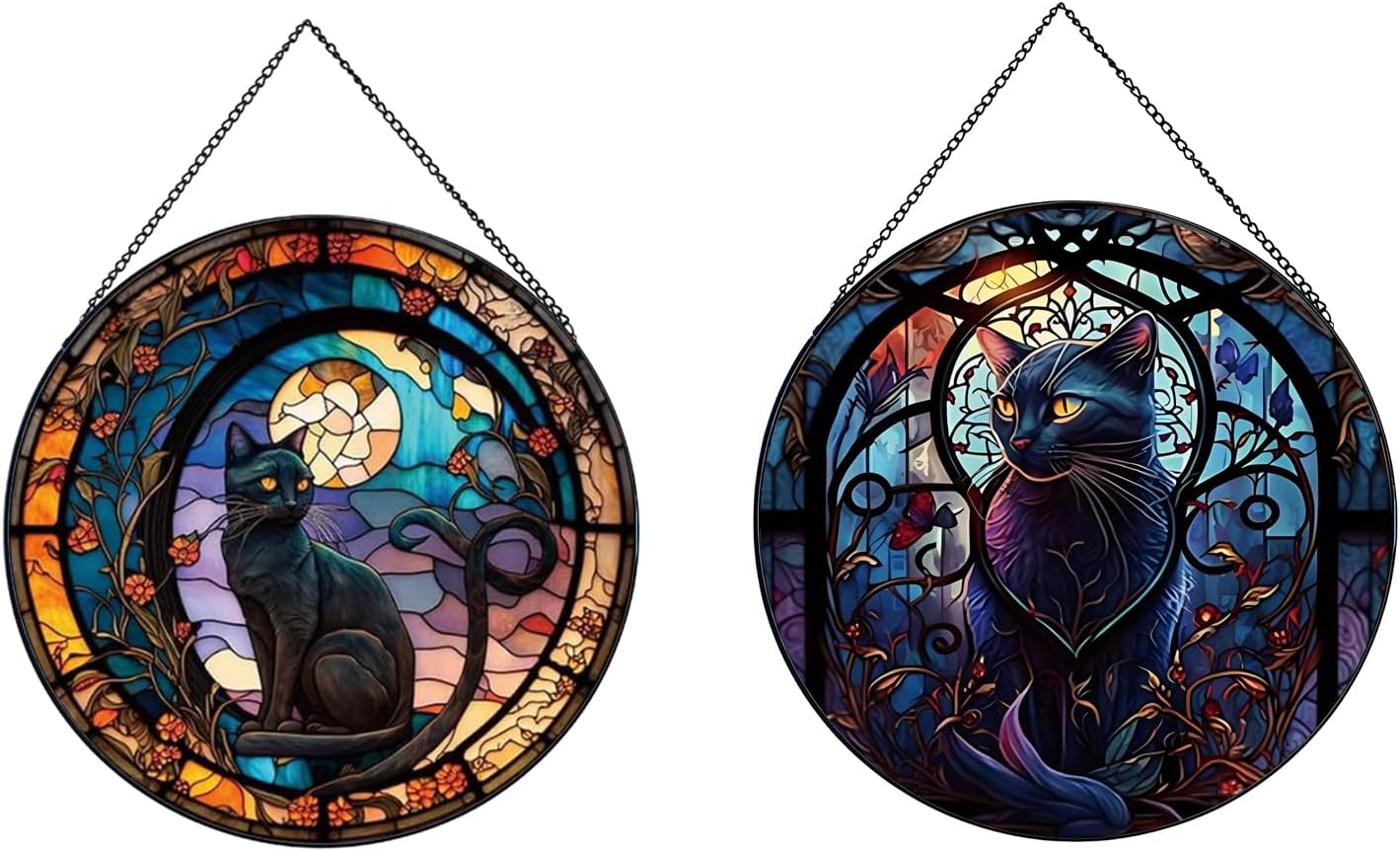 Stained Glass Suncatcher Autumn Christmas Window Decor for Cat Lover,Black Cat Hanging Decorations Indoor Outdoor,Halloween Hanging Decorations