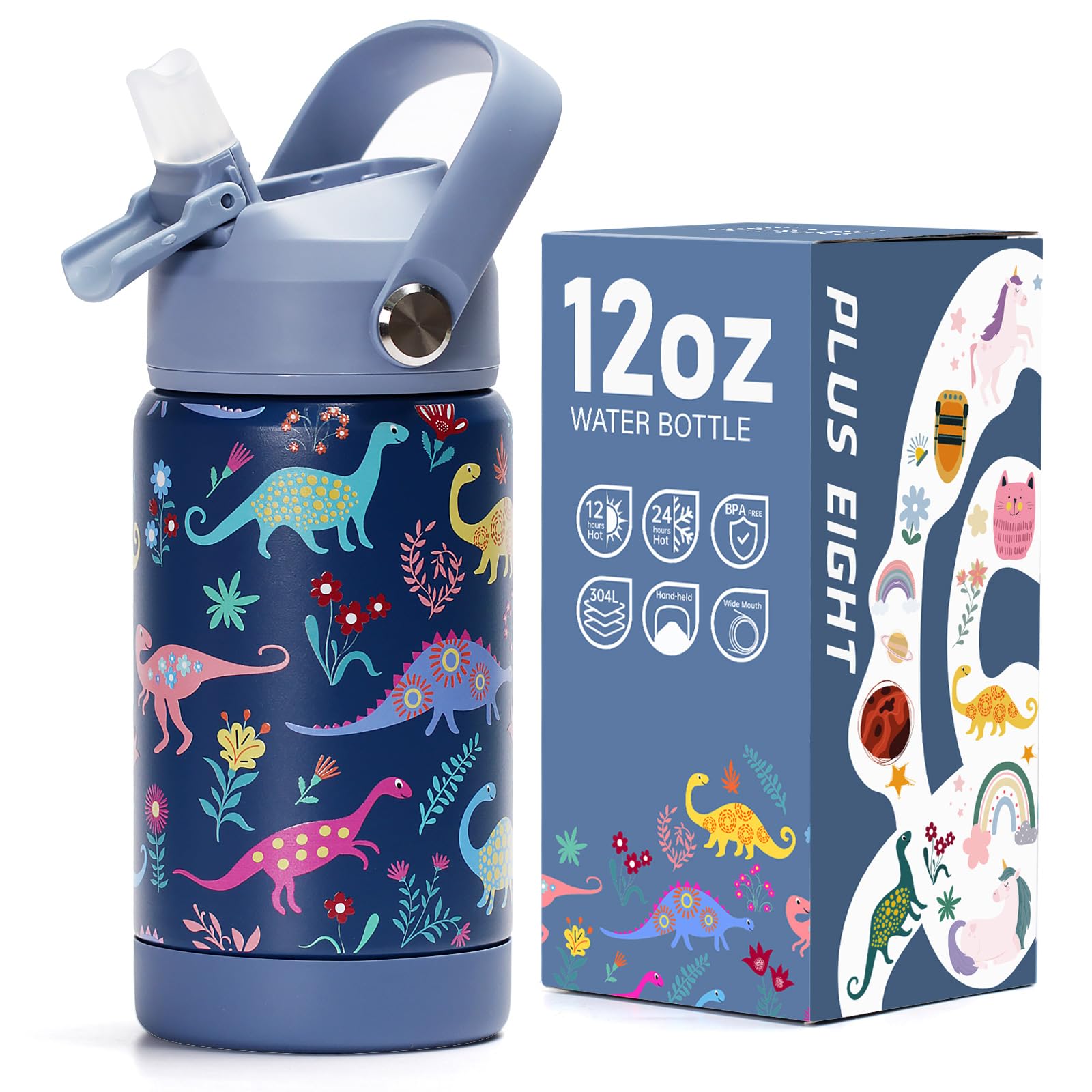 Kids Insulated Water Bottle with Straw Lid 12 oz BPA-FREE Double Wall Vacuum Tumbler 18 8 Stainless Steel