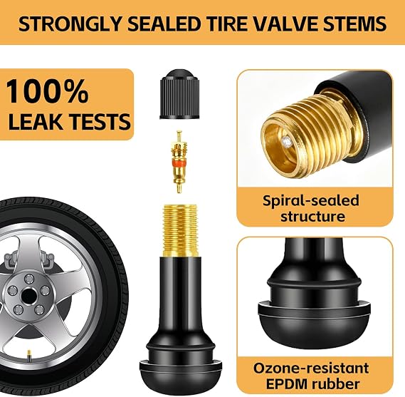10 Pcs Snap-in Tire Valve Stems, TR413 Rubber Tubeless Tire Valve Stems - Fits 0.453 Inch Rim Holes, Replacement Valve Stems for Tubeless Tires on Cars, Trucks, Lawn Mowers, Go-Karts (Black)