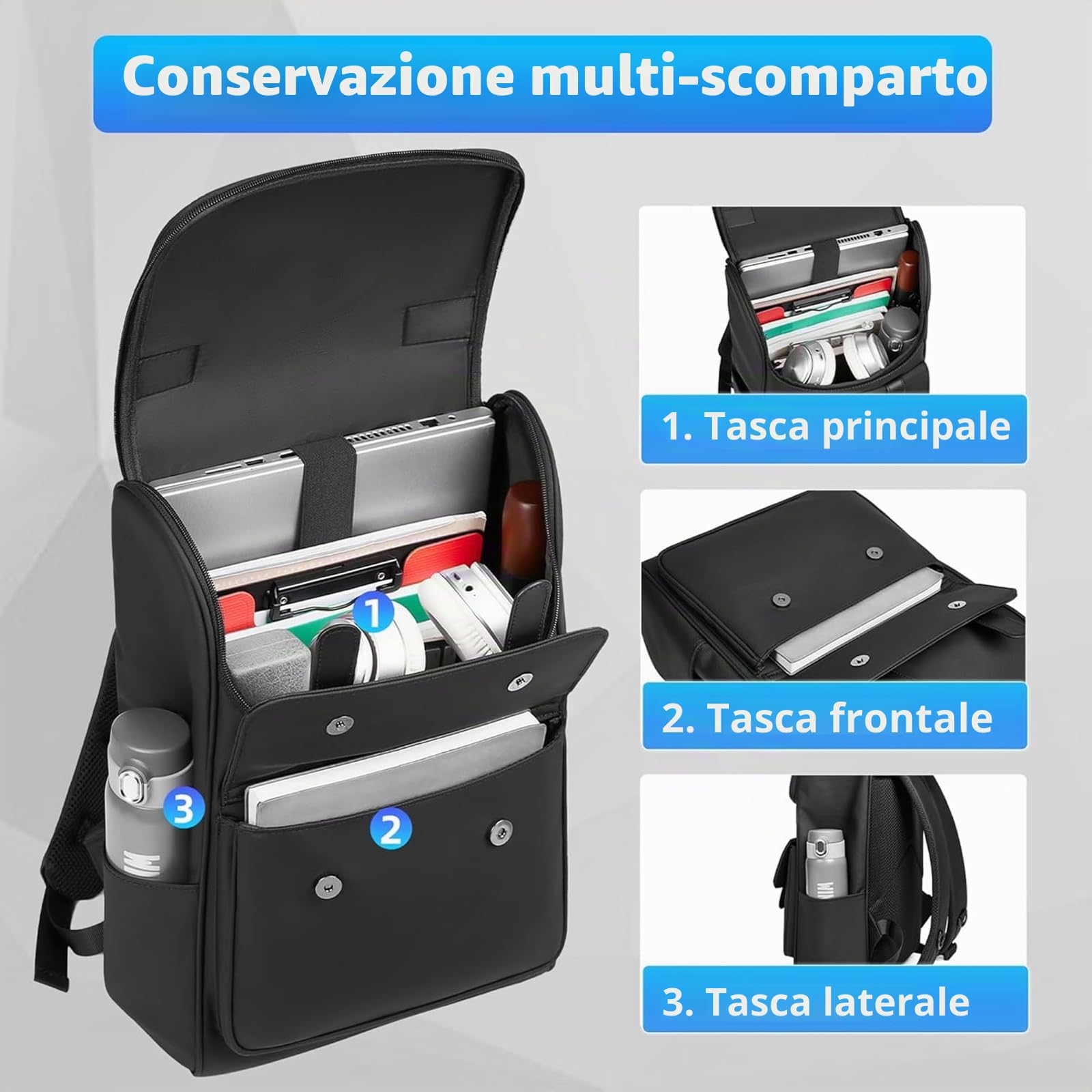 Zaino Uomo Lavoro 15.6 Pollici Porta PC Donna Impermeabile Elegante per Computer Università Scuola Viaggio Shopping - Nero