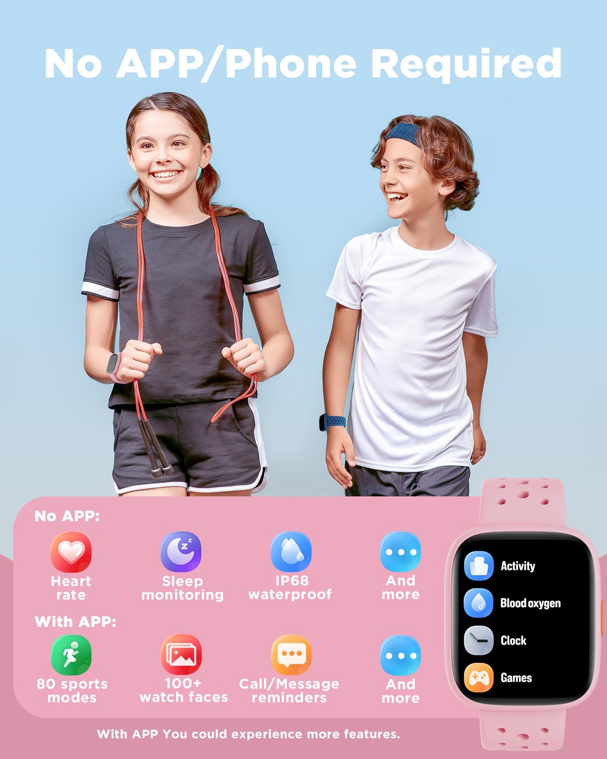 Biggerfive Smartwatch dla dzieci, 1,8-calowy zegarek fitness z krokomierzem, 24/7 pomiar tętna, monitor snu, alarm wibracyjny, klasa wodoszczelności IP68, gry logiczne z/bez aplikacji, dla dziewczynek
