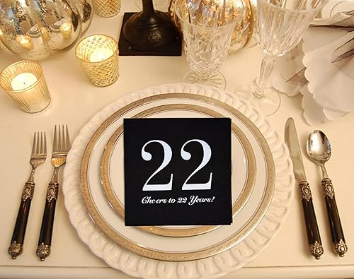 Miniatura 5 de 40 servilletas negras y plateadas para cumpleaños de 22 años, servilletas de cóctel de felicitación a 22 años, servilletas de papel para cóctel de