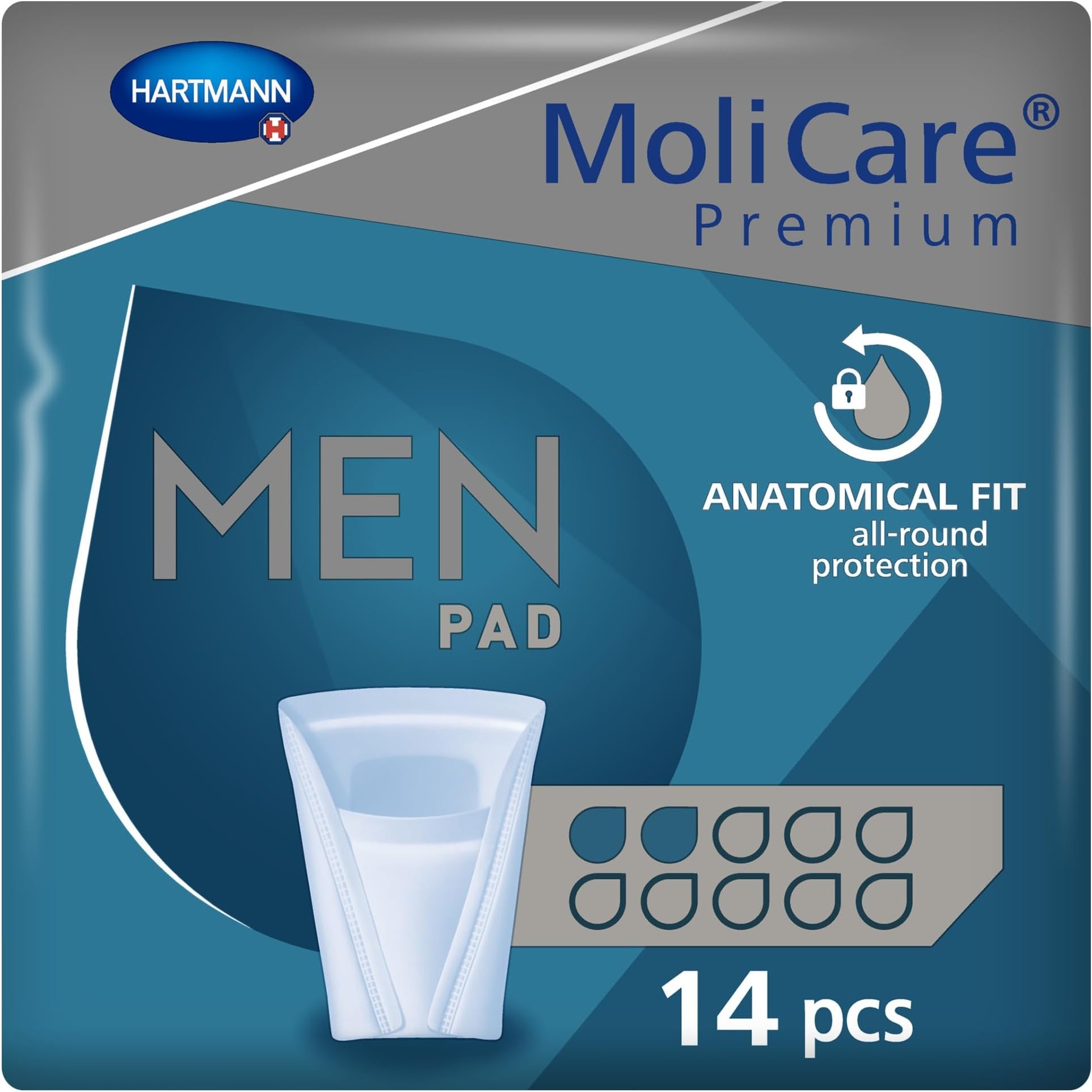 Premium Men PAD, Incontinence Liners for Men with Bladder Weakness, V-Shaped fit, 2 Drops, Pack of 14