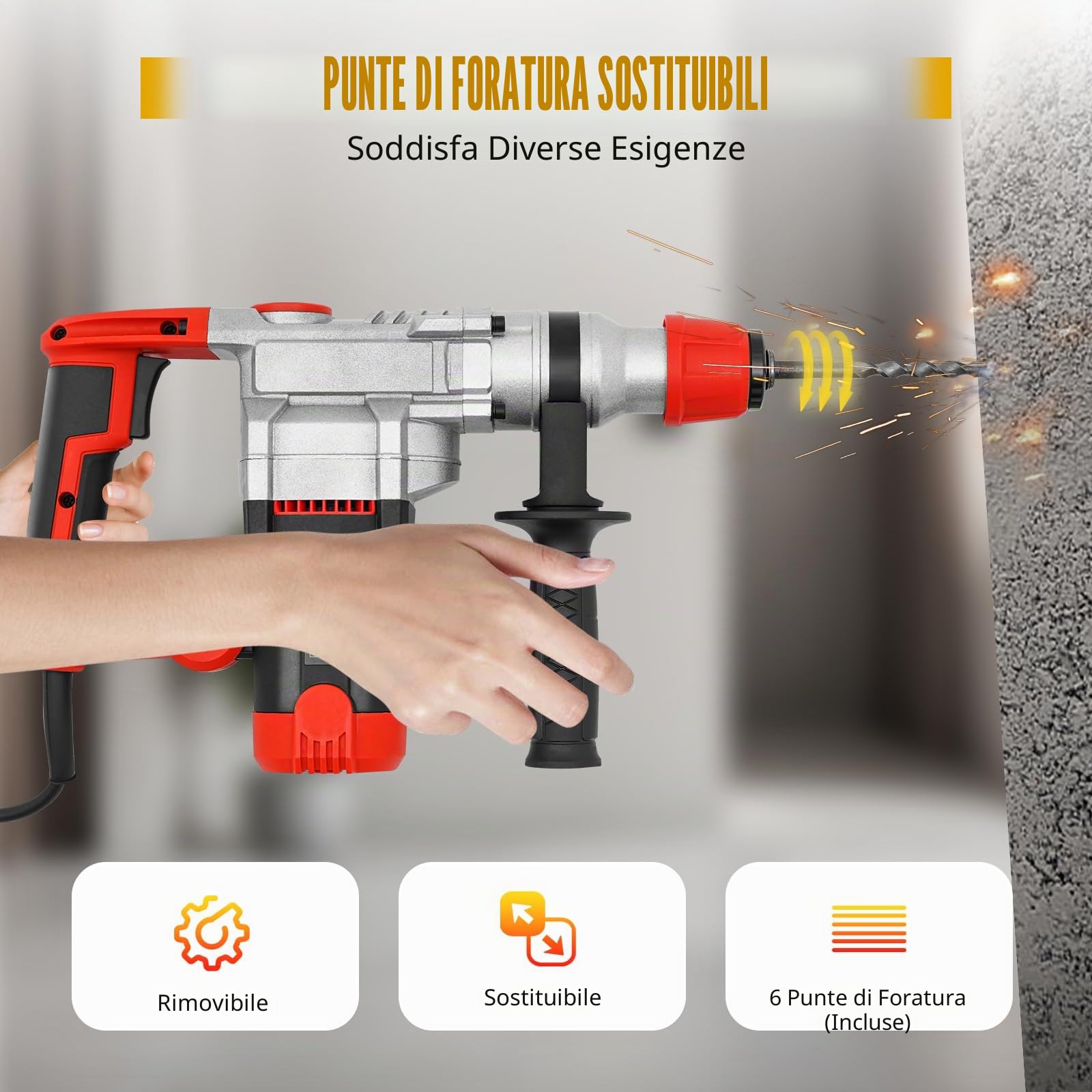 Martello Demolitore Martello Pneumatico, Trapano a percussione, 50 Hz, 0-930 giri/min, martello demolitore, 2200 W, martello elettrico, trapano a percussione con valigetta